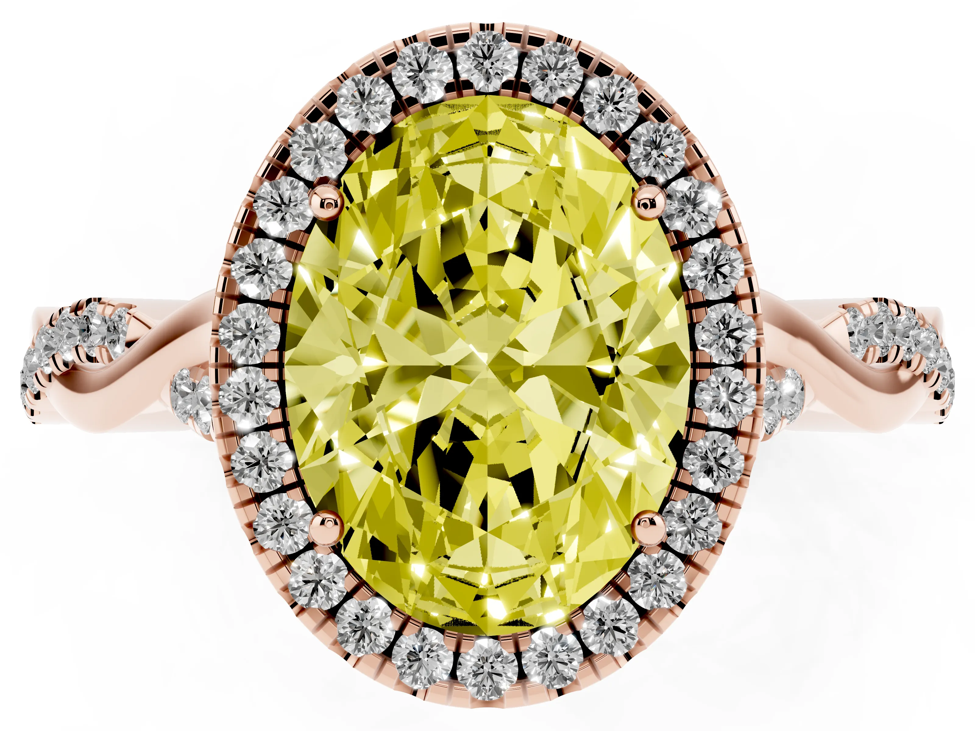 Fancy Yellow Oval Cut Diamond Halo Twist Band Solitaire Ring Set in Rose gold with Prong Setting