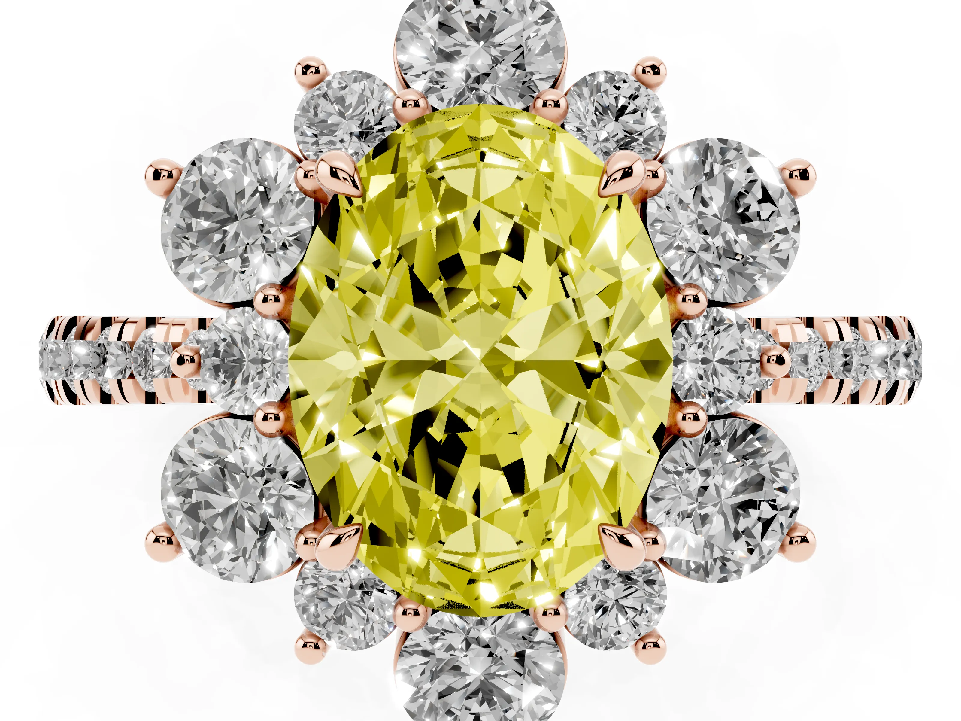 Fancy Yellow Oval Cut Diamond Floral Halo Ring Set in Rose gold with Round Pavé Band and Prong Setting