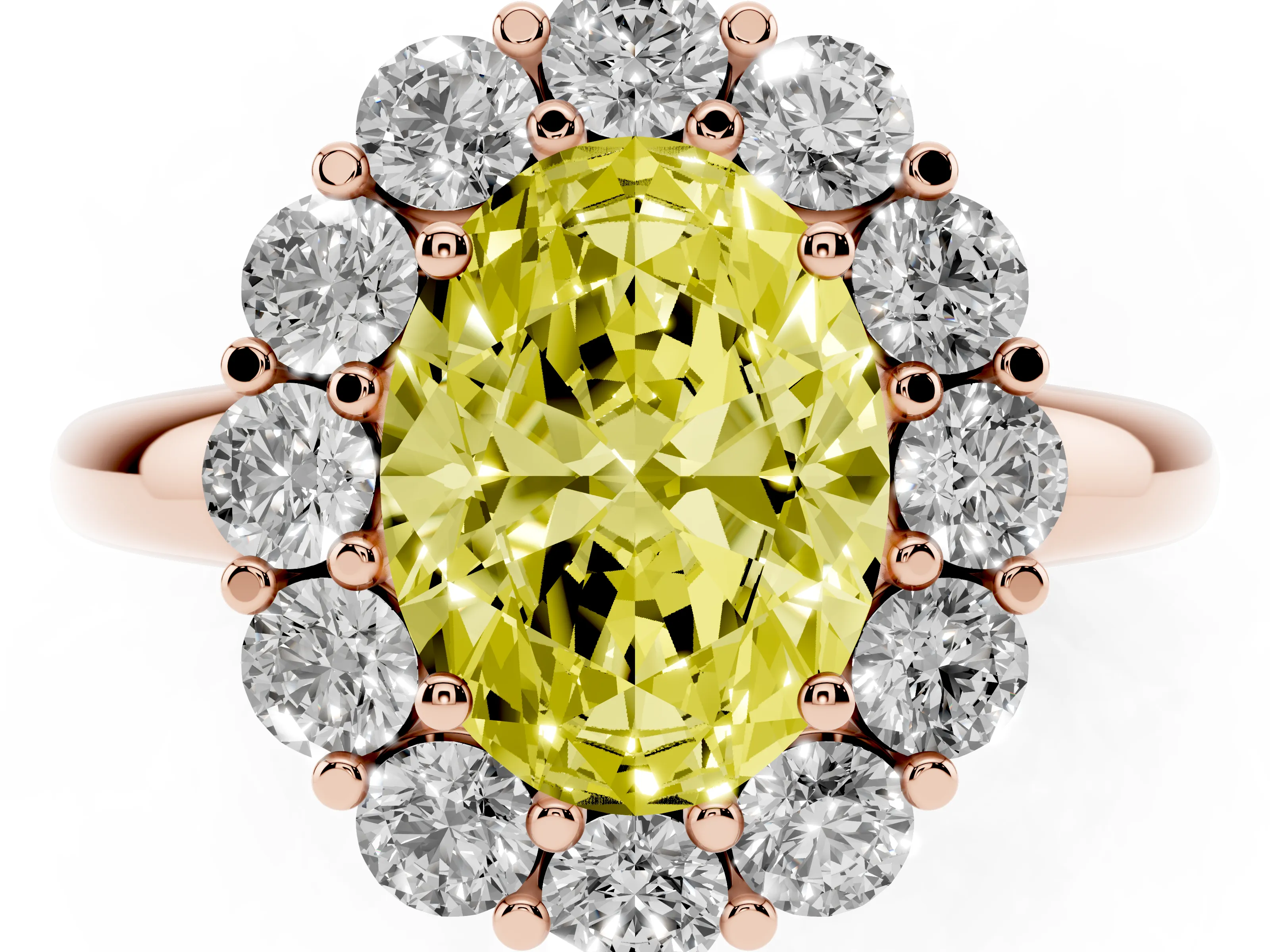 Fancy Yellow Oval Cut Diamond Halo Cluster Engagement Ring Set in Rose gold with Polished Band and Prong Setting