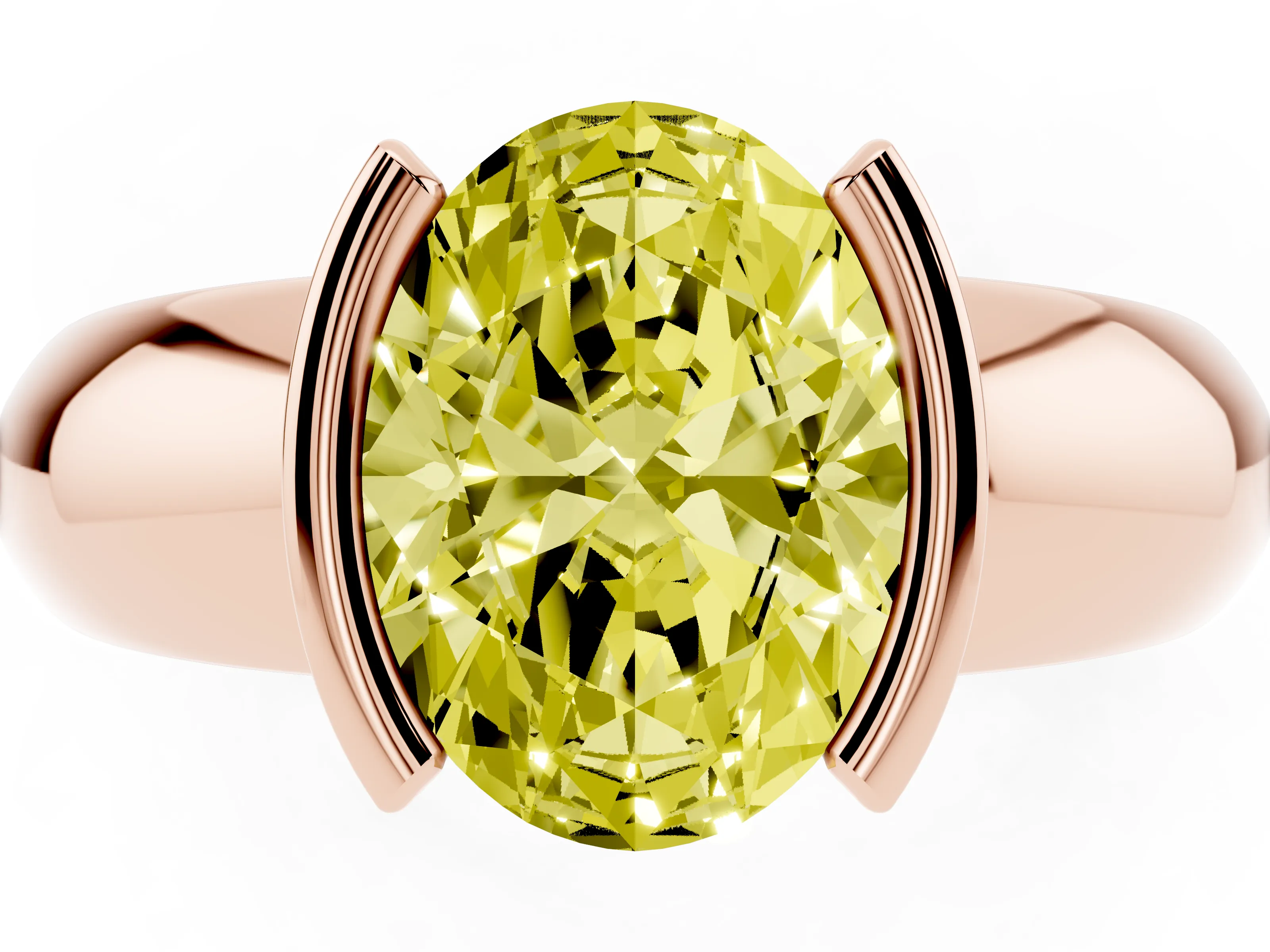 Fancy Yellow Oval Cut Diamond Solitaire Tension Set Ring Set in Rose gold with Wide Band