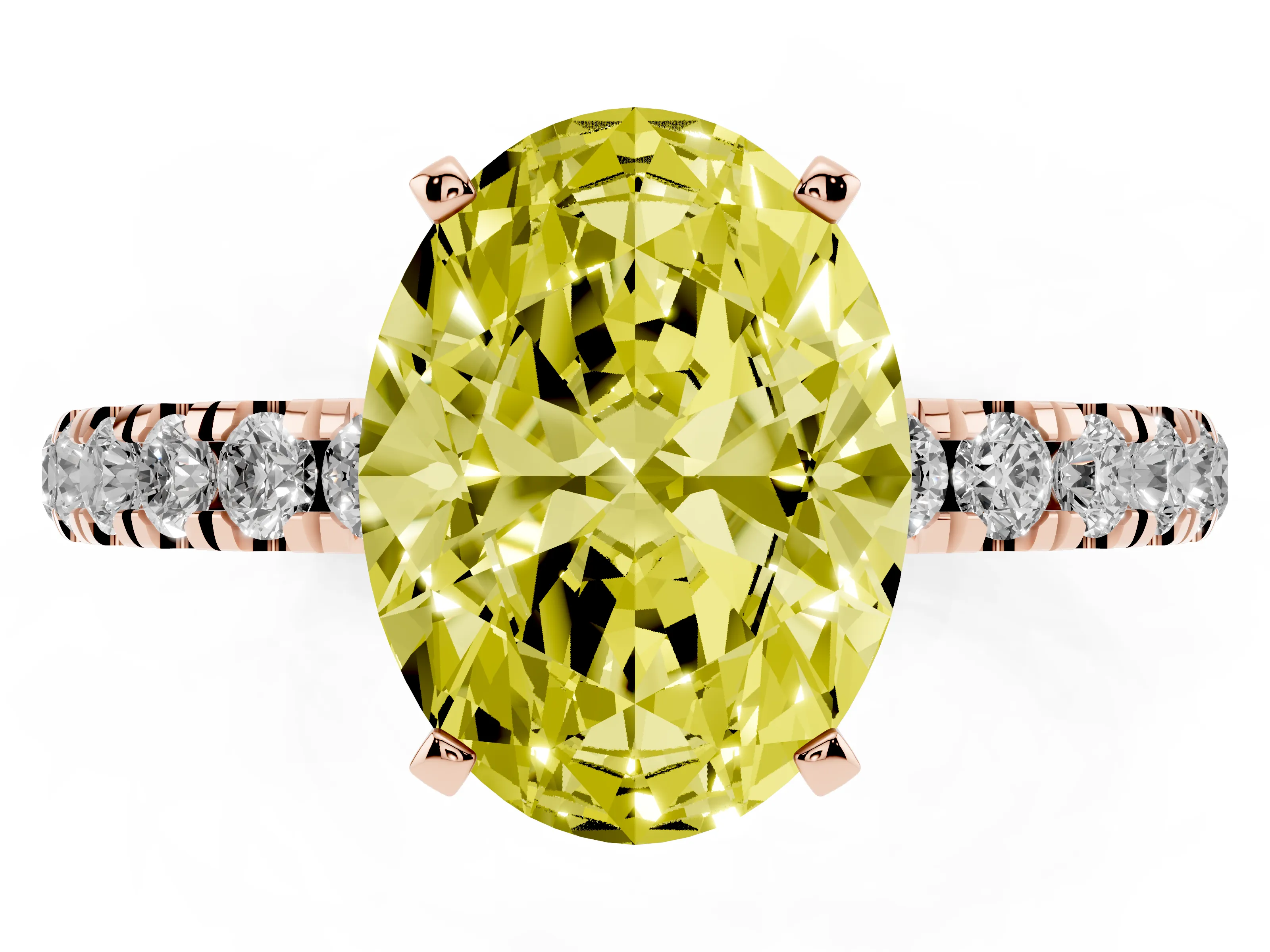 Fancy Yellow Oval Cut Diamond Solitaire Ring Set in Rose gold with Pavé Accents and Prong Setting