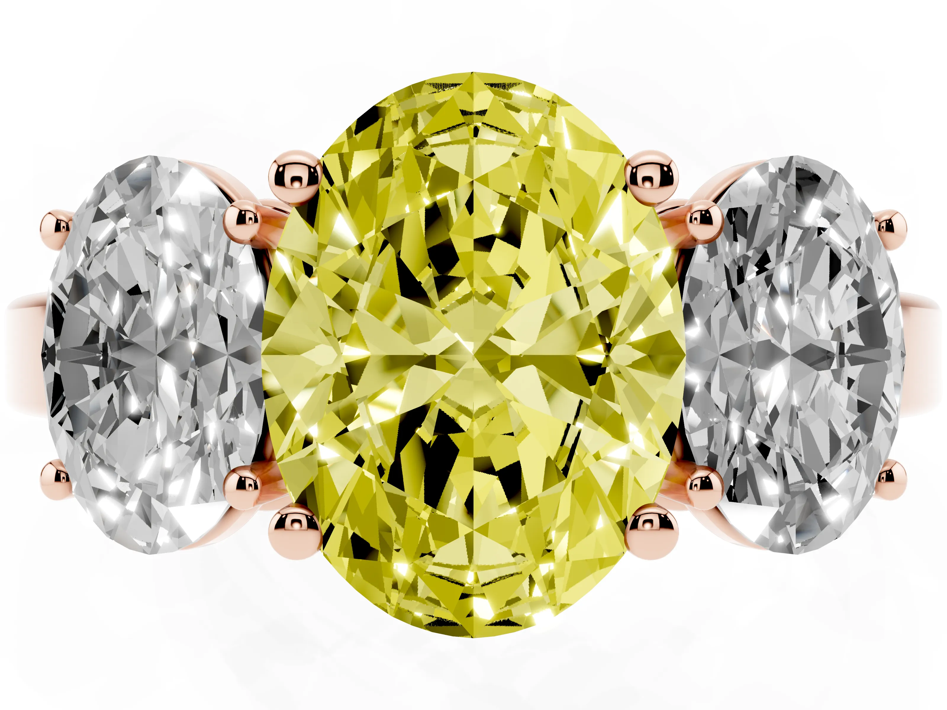 Fancy Yellow Oval Cut Diamond Three-Stone Engagement Ring Set in Rose gold with Flat Band