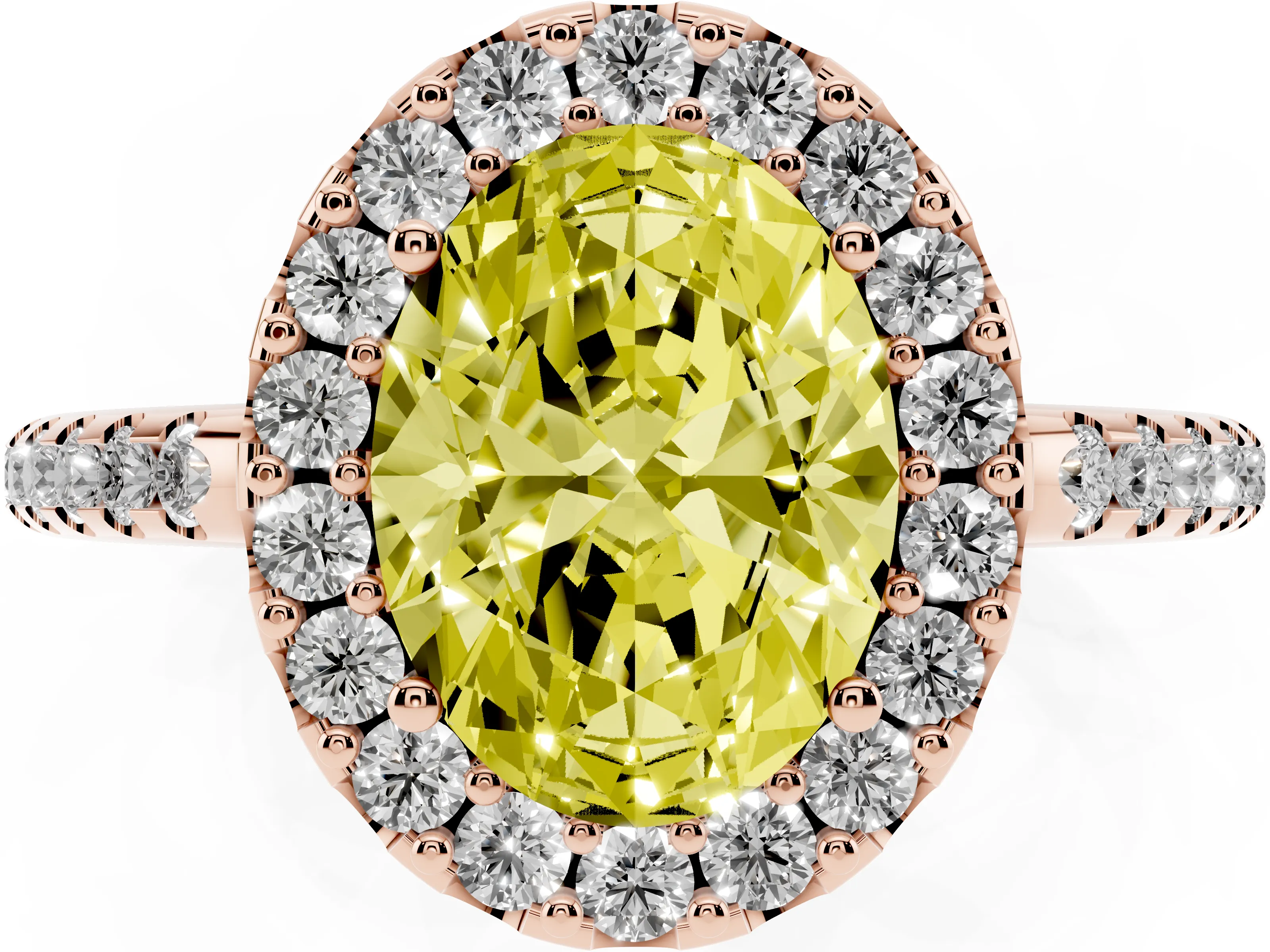 Fancy Yellow Oval Cut Diamond Pavé Halo Ring Set in Rose gold with Prong Setting