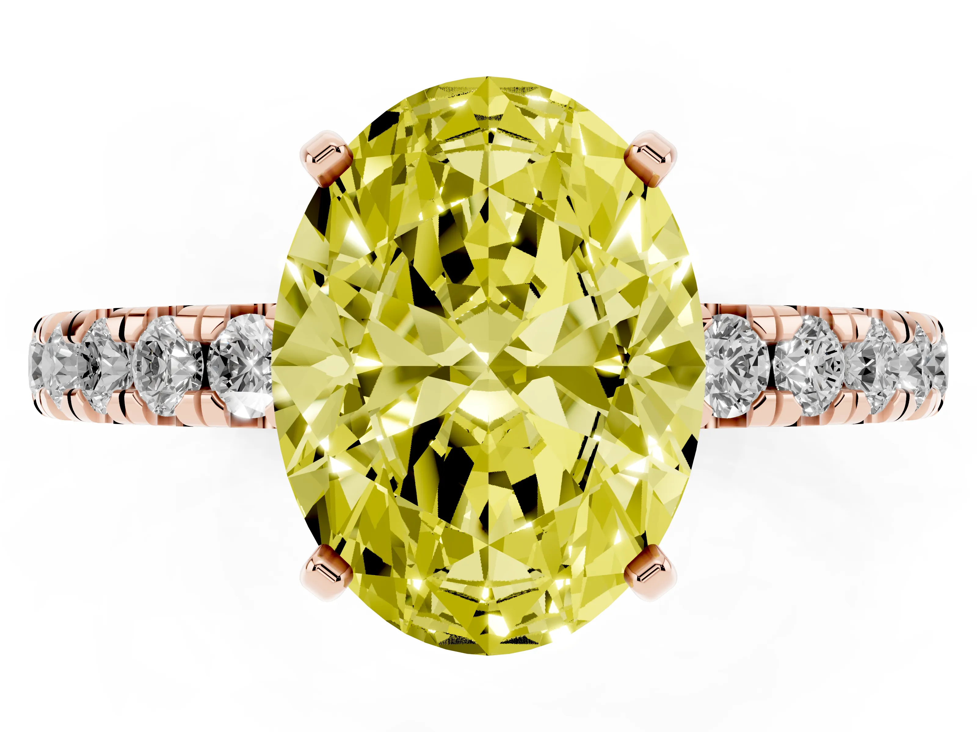 Fancy Yellow Oval Cut Diamond Pavé Solitaire Ring Set in Rose gold with Round Band and Prong Setting