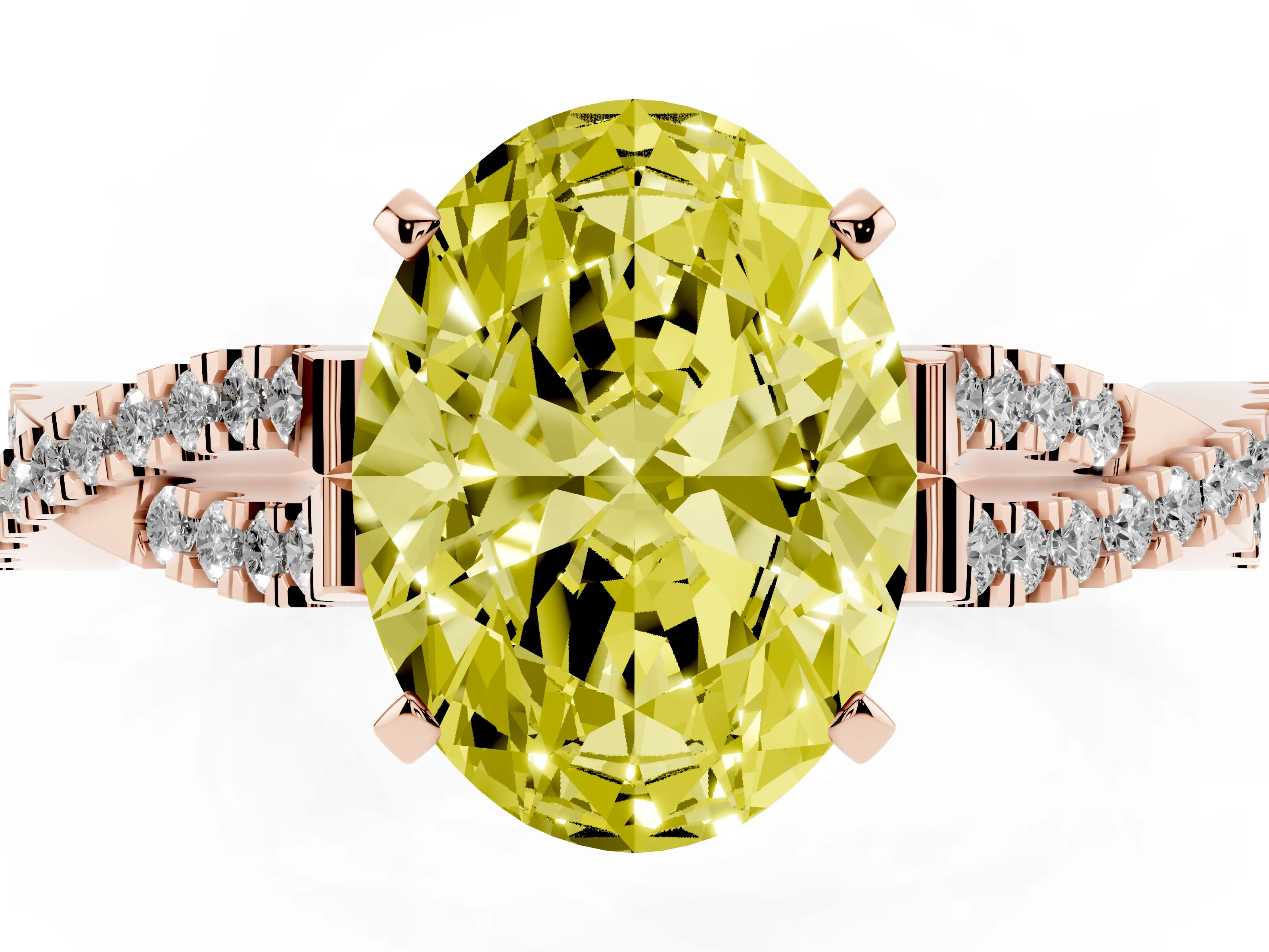 Fancy Yellow Oval Cut Diamond Solitaire Engagement Ring Set in Rose gold with Twisted Pavé Band and Prong Setting