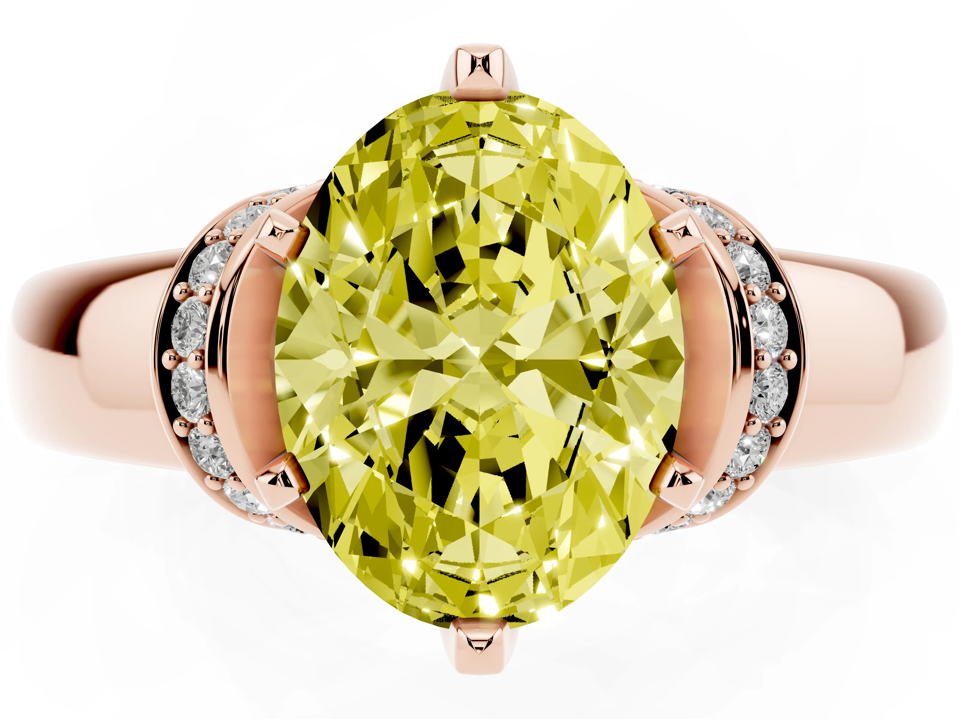 Fancy Yellow Oval Cut Diamond Pavé Band Solitaire Ring Set in Rose gold with Prong Setting