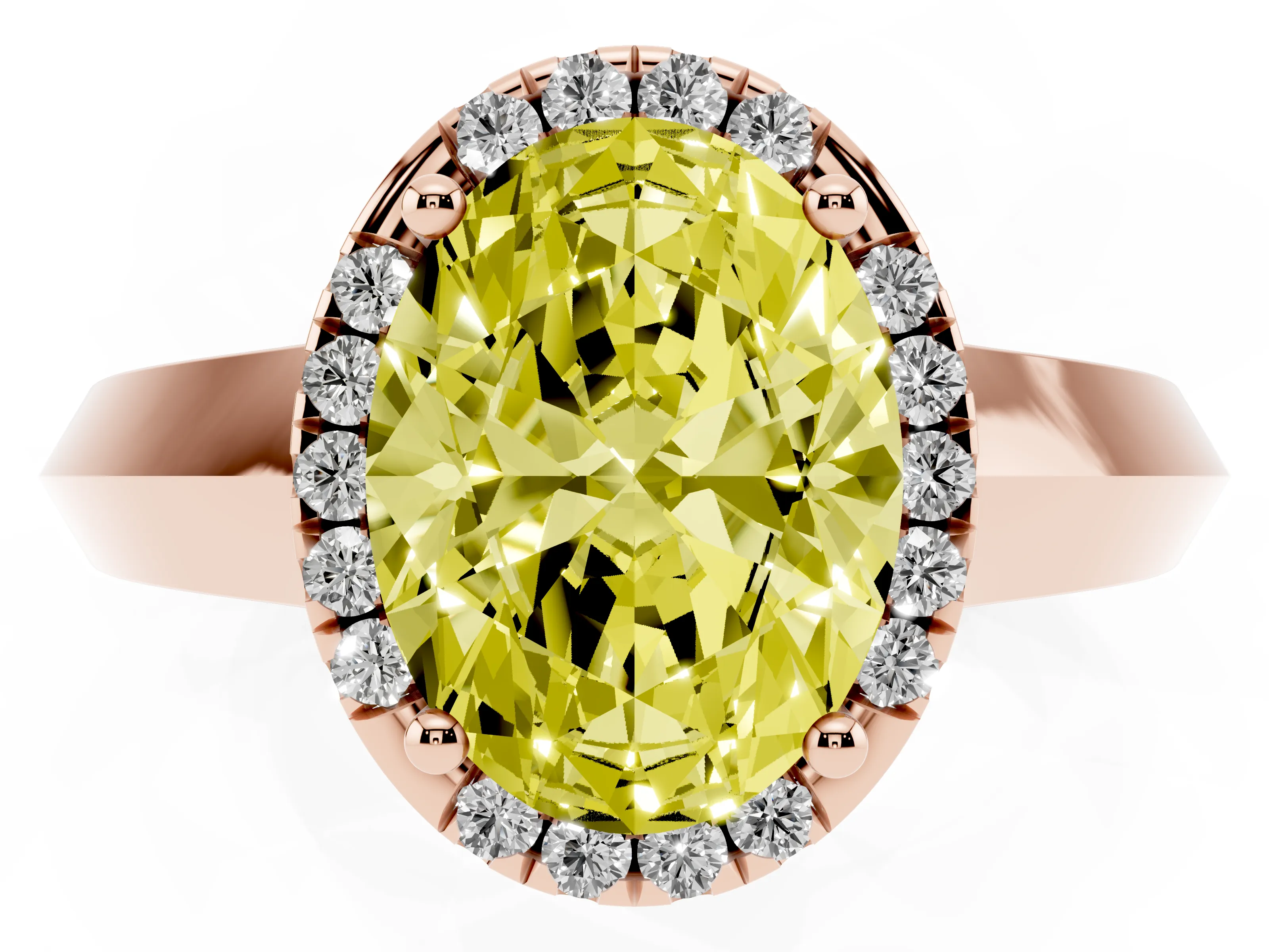 Fancy Yellow Oval Cut Diamond Halo Ring Set in Rose gold with Cathedral Band and Prong Setting