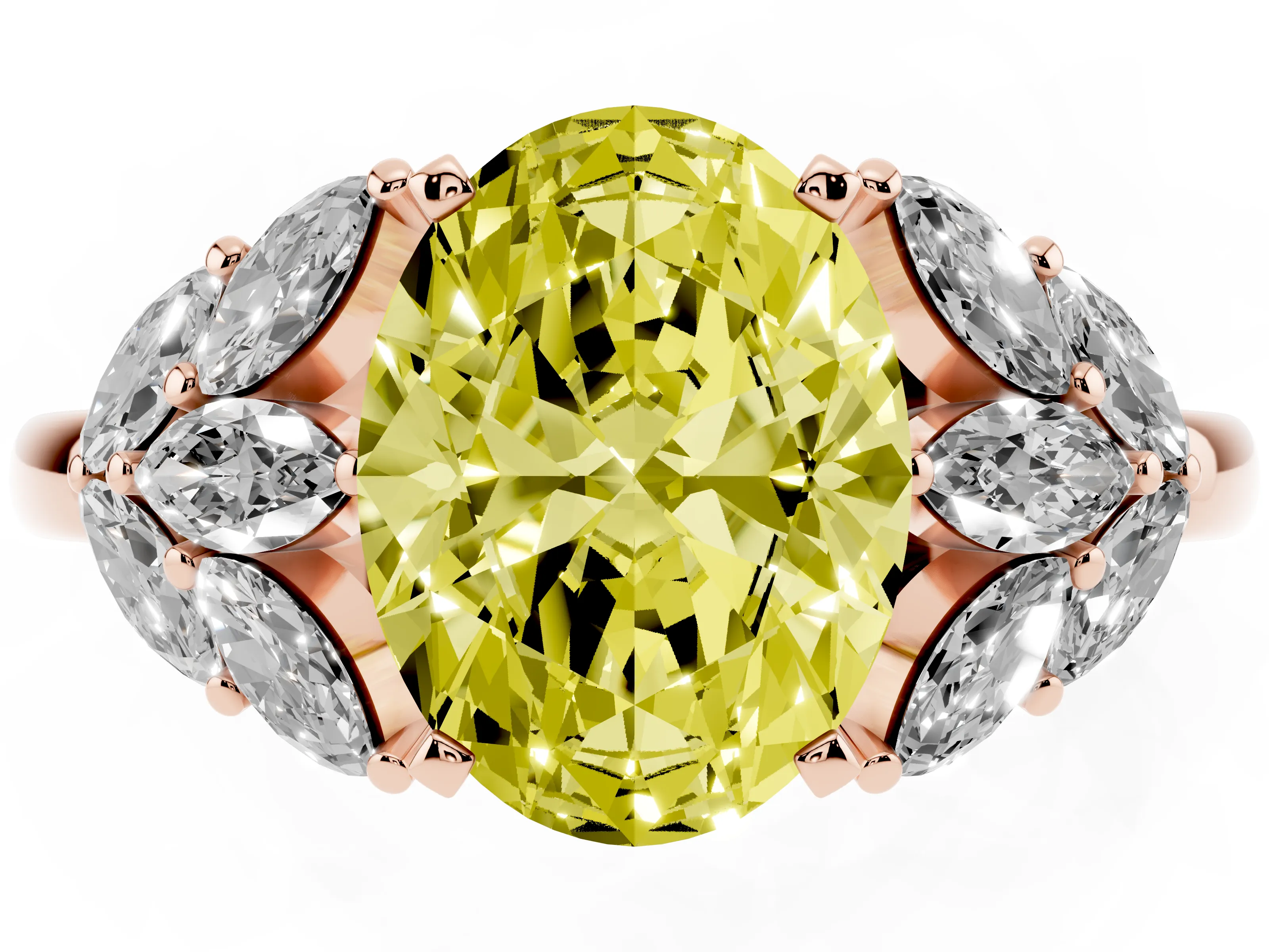Fancy Yellow Oval Cut Diamond Cluster Leaf Design Ring Set in Rose gold with Prong Setting