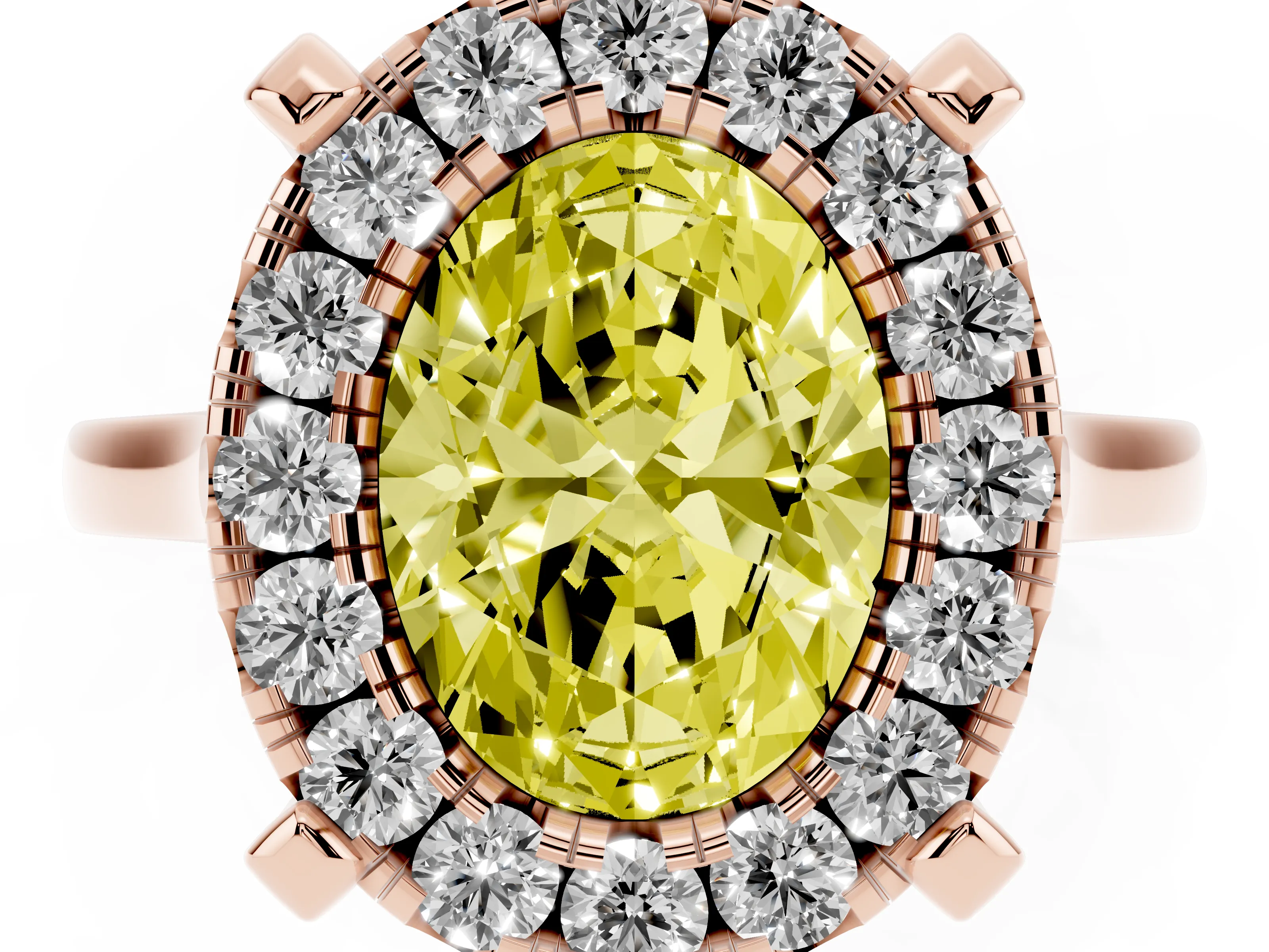 Fancy Yellow Oval Cut Diamond Cluster Halo Solitaire Ring Set in Rose gold with Prong Setting