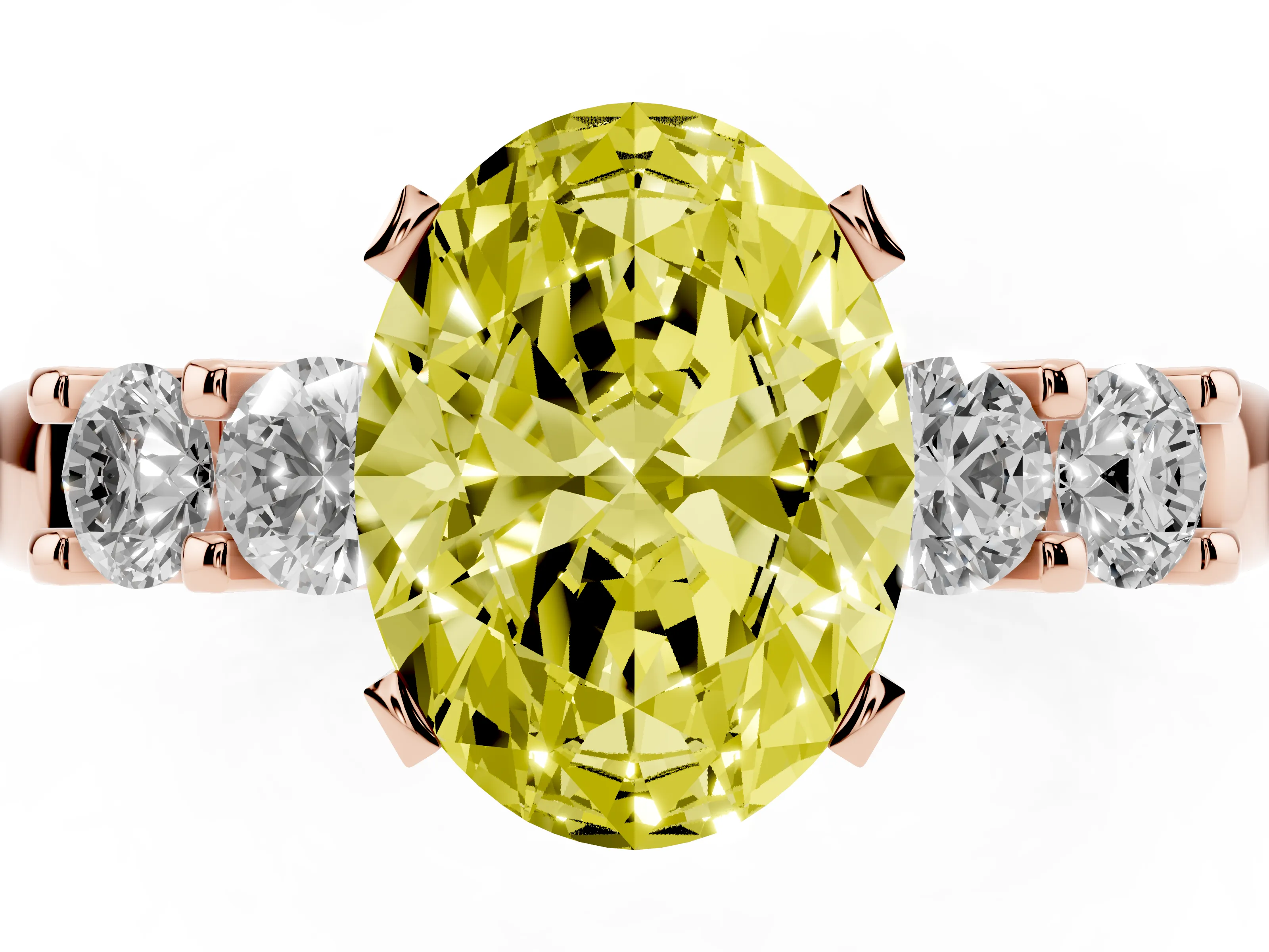 Fancy Yellow Oval Cut Diamond Five-Stone Prong Set Engagement Ring Set in Rose gold with Channel Band
