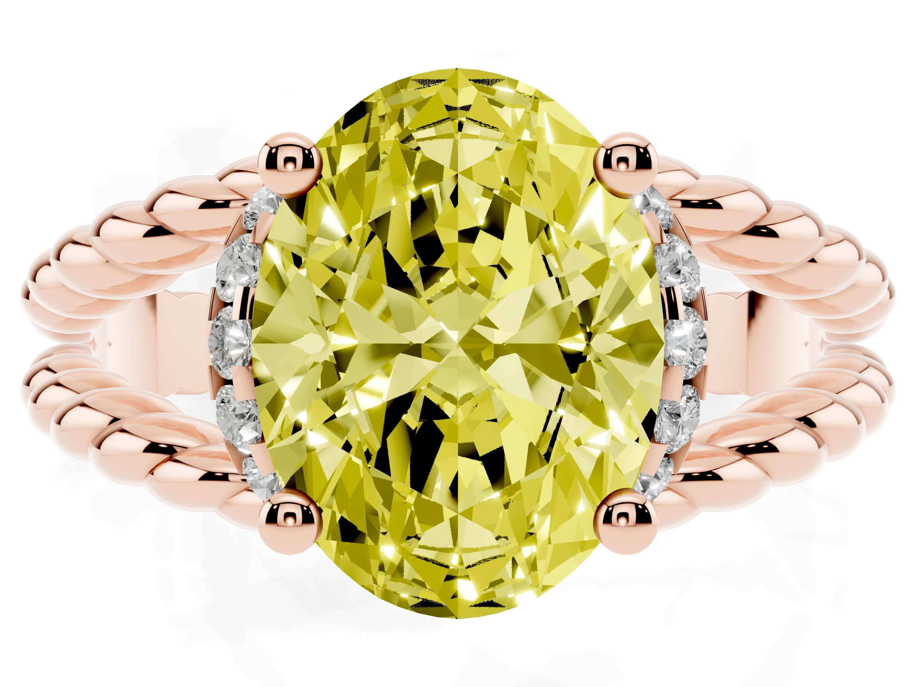 Fancy Yellow Oval Cut Diamond Halo Ring Set in Rose gold with Twisted Band and Prong Setting