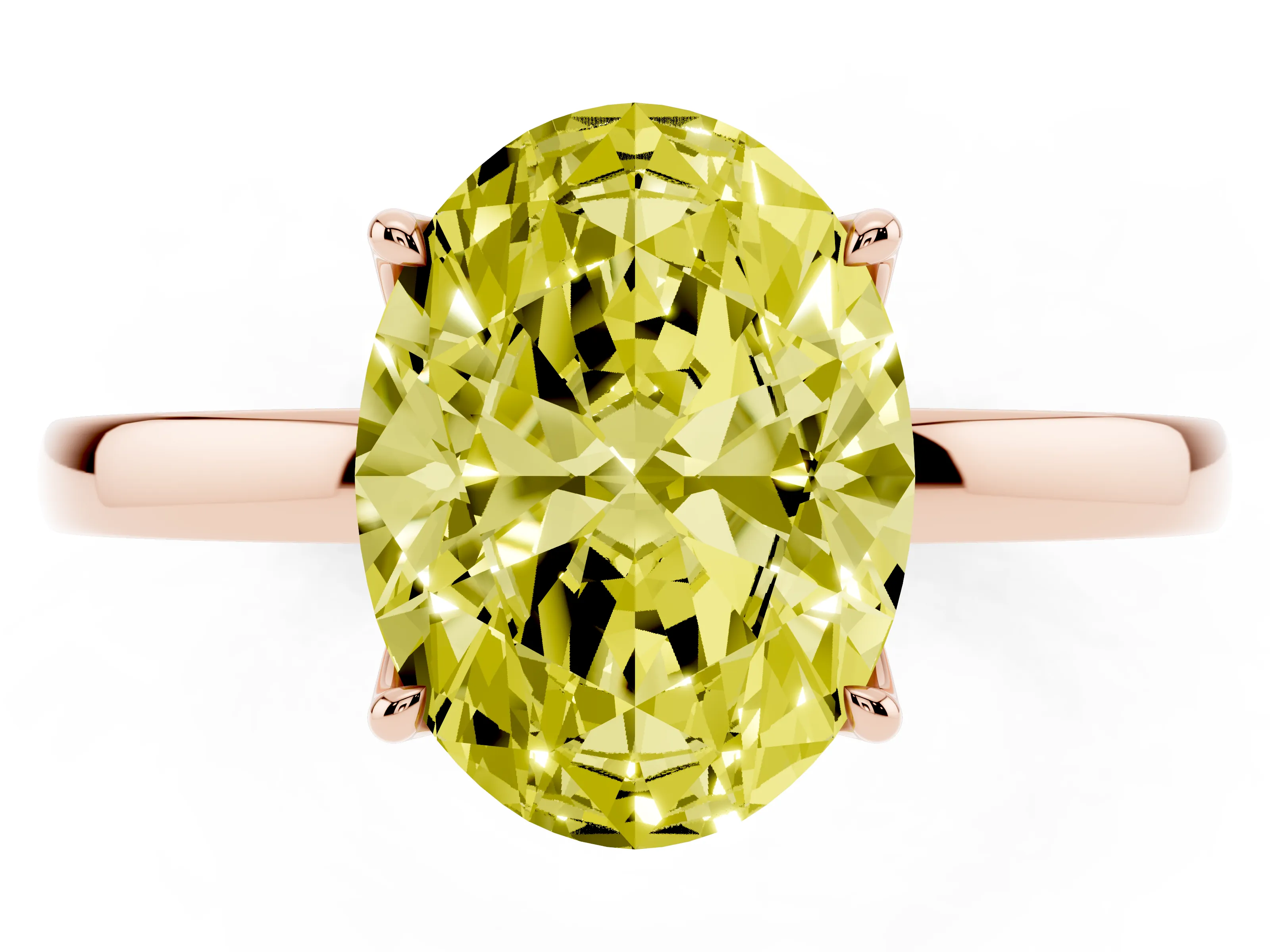 Fancy Yellow Oval Cut Diamond Solitaire Ring Set in Rose gold with Prong Setting and Thin Polished Band