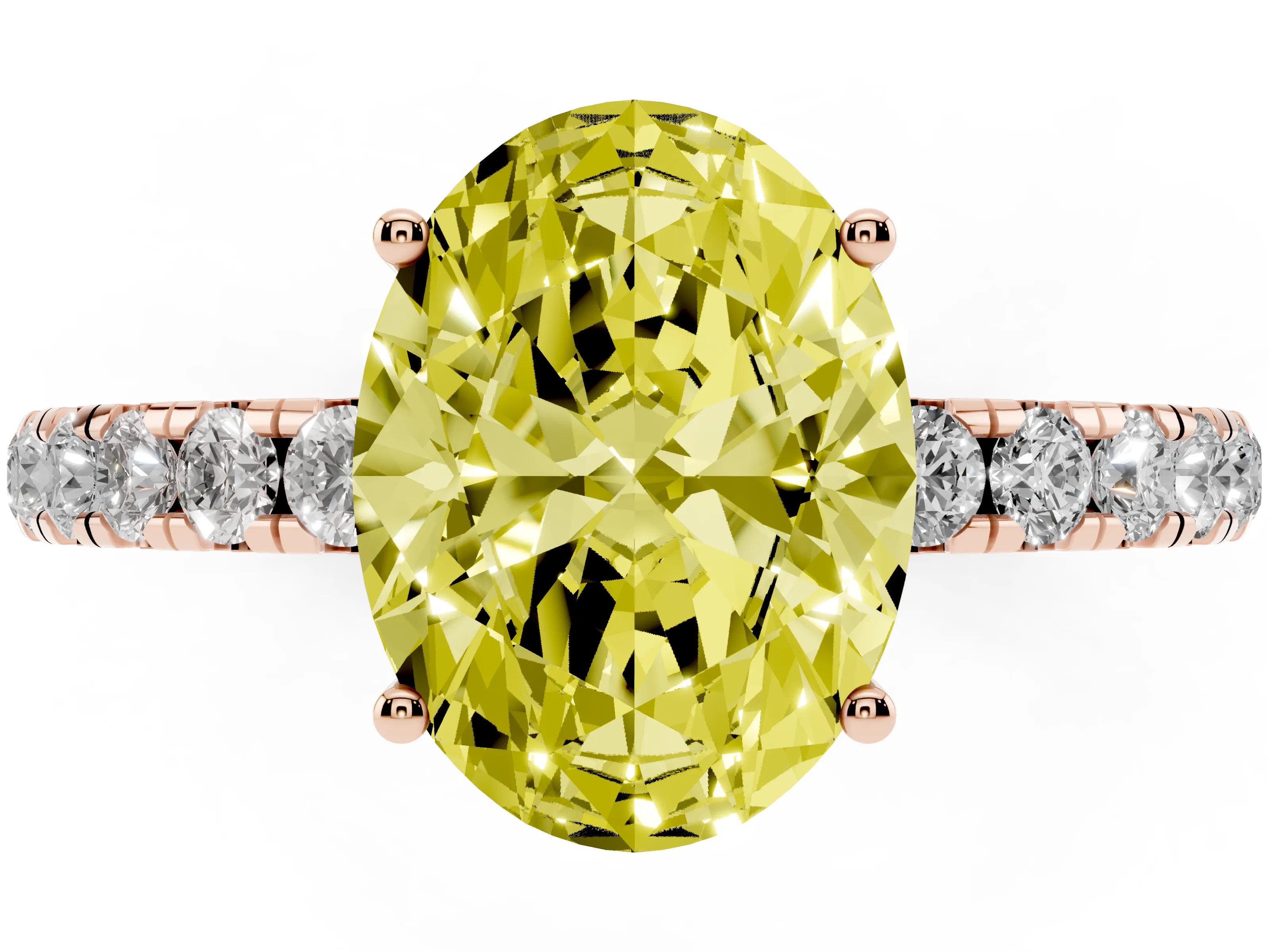 Fancy Yellow Oval Cut Diamond Pavé Solitaire Engagement Ring Set in Rose gold with Prong Setting