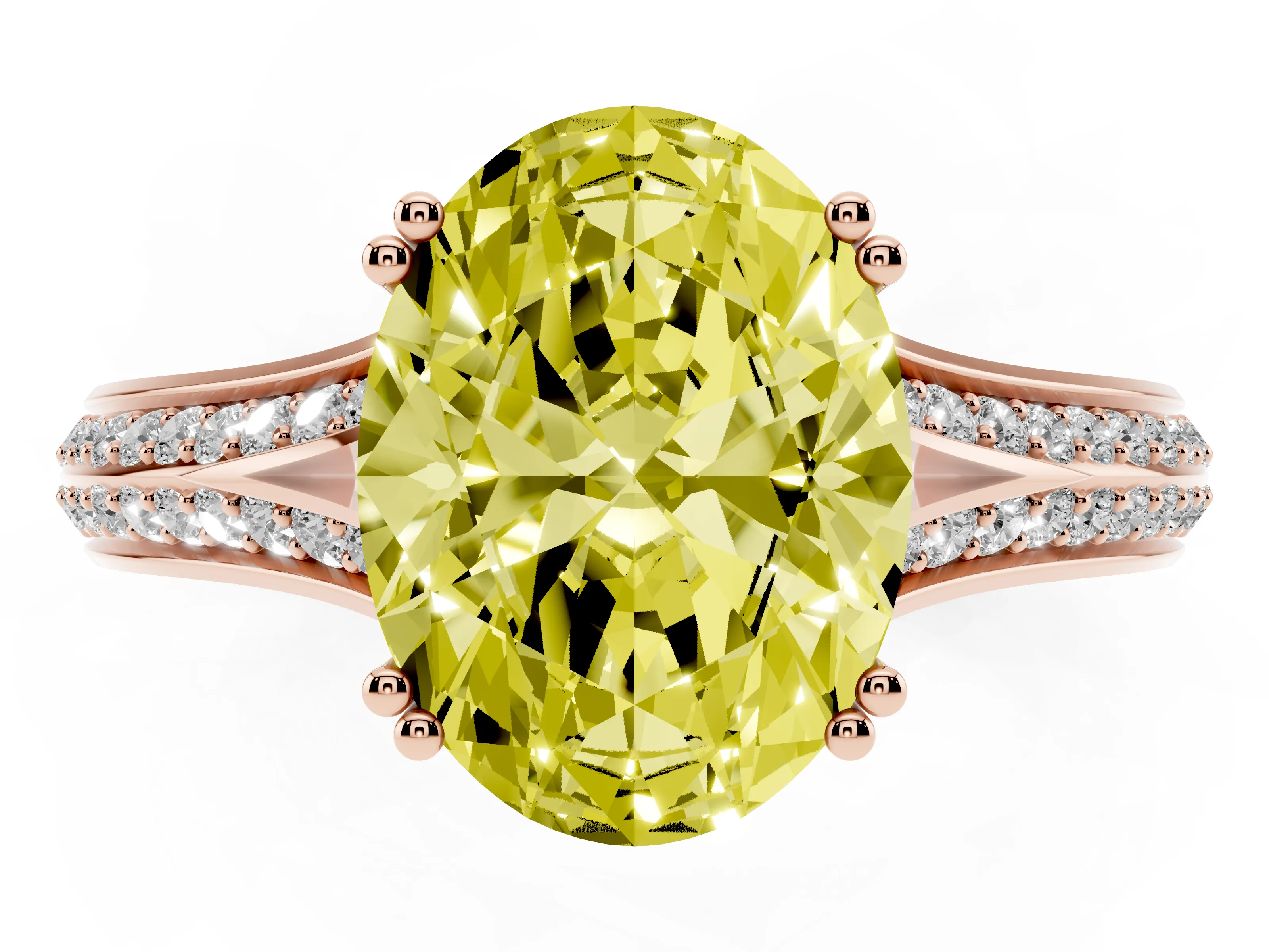 Fancy Yellow Oval Cut Diamond Split Shank Pavé Engagement Ring Set in Rose gold with Prong-Set Center Stone
