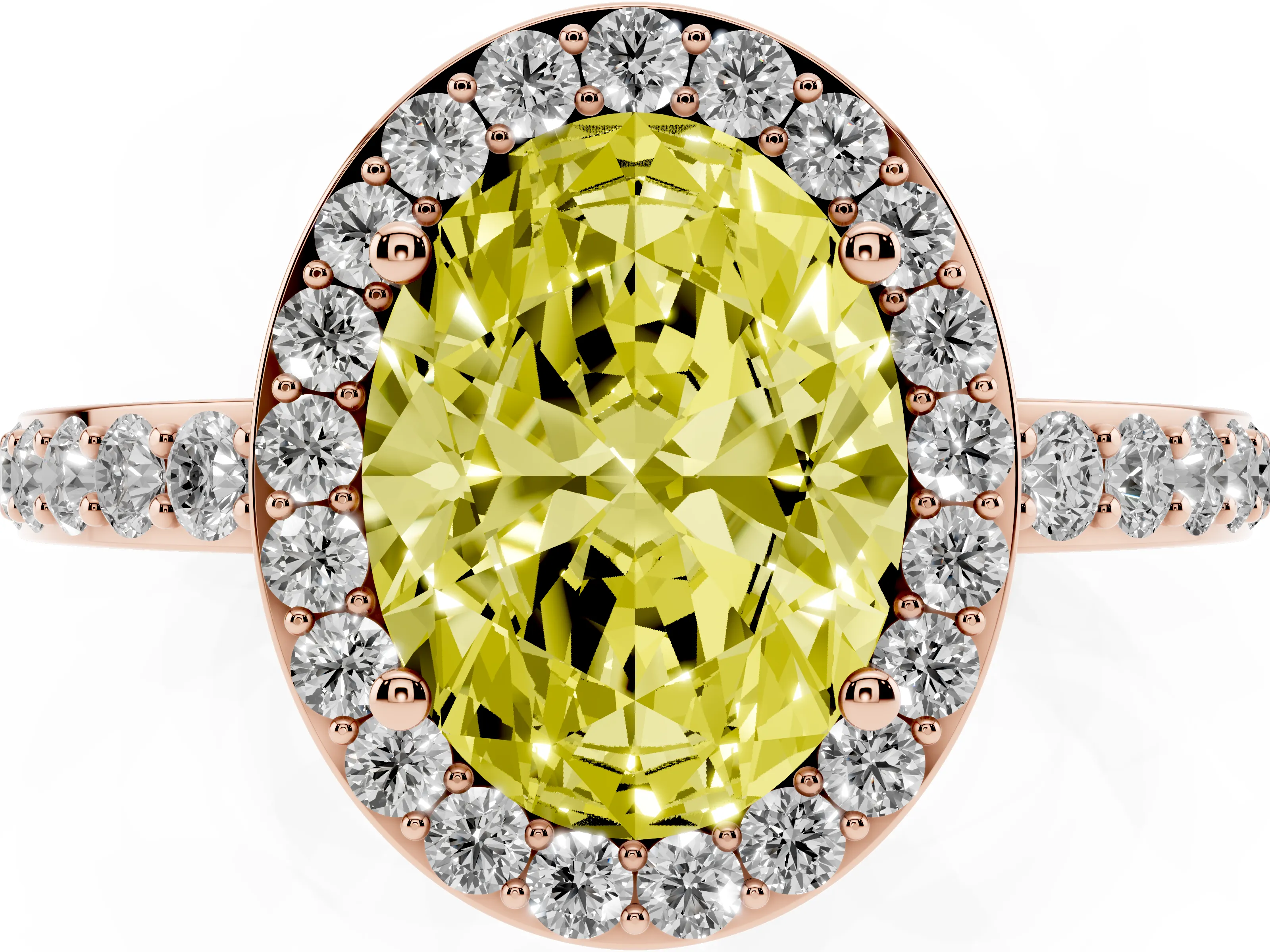 Fancy Yellow Oval Cut Diamond Halo Ring Set in Rose gold with Pavé-Setting Band and Open Prong Center
