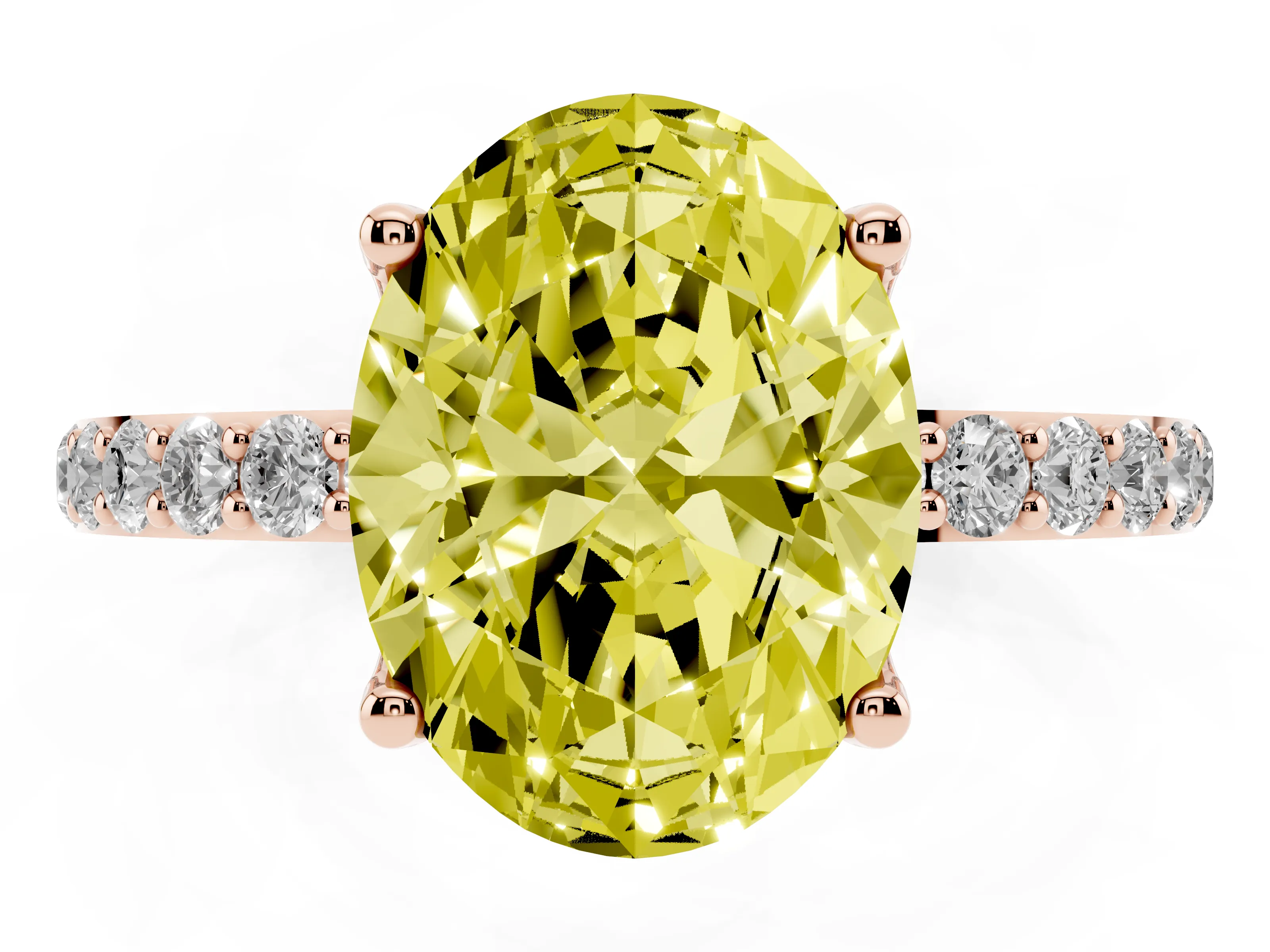 Fancy Yellow Oval Cut Diamond Solitaire Engagement Ring Set in Rose gold with Round Pavé Band and Prong Setting