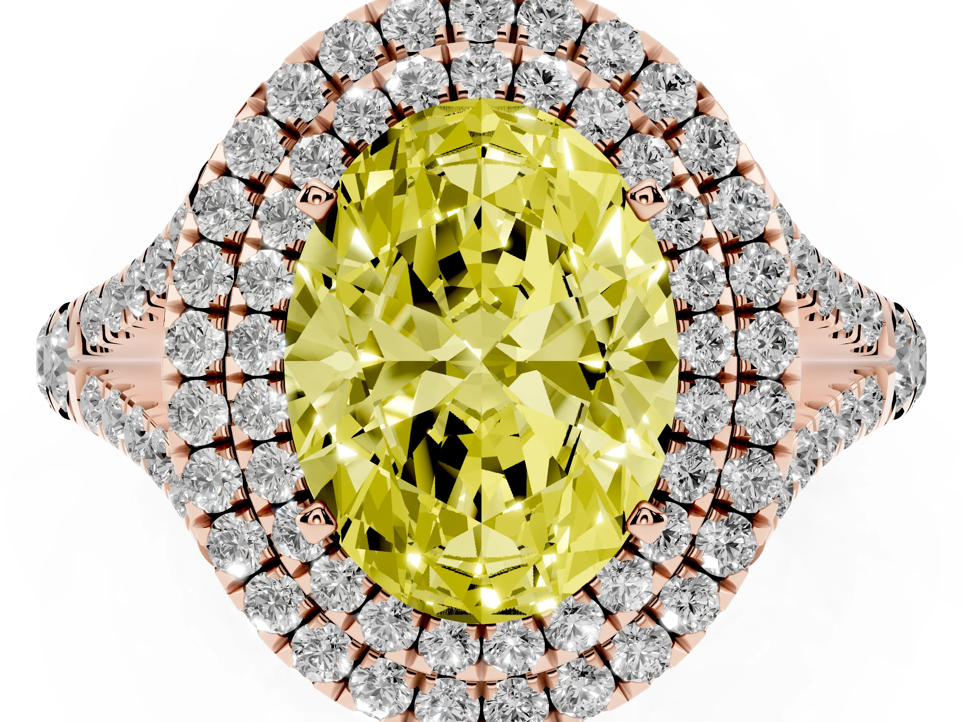 Fancy Yellow Oval Cut Diamond Pavé Split Shank Double Halo Engagement Ring Set in Rose gold
