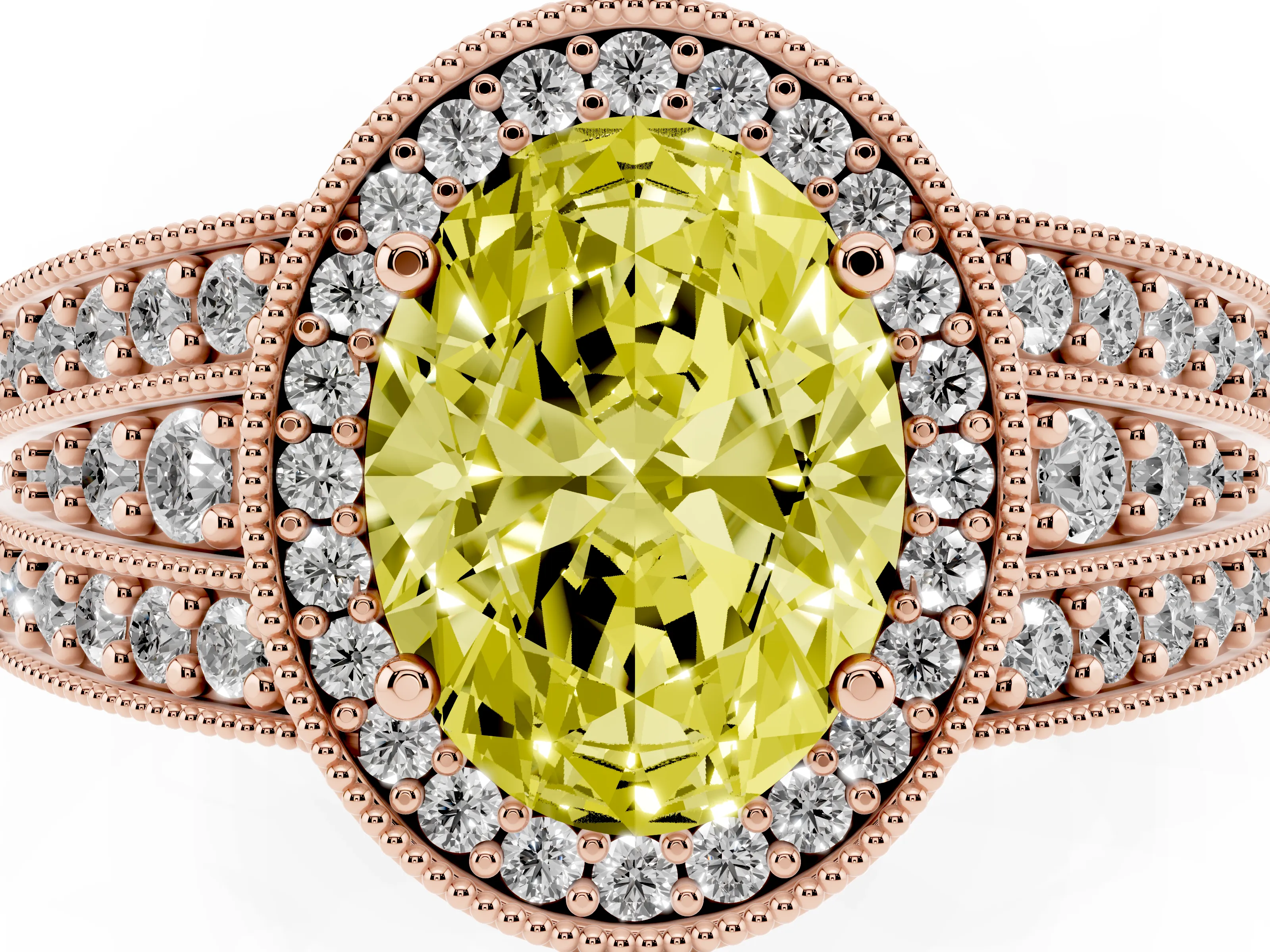 Fancy Yellow Oval Cut Diamond Halo Ring Set in Rose gold with Accent Split Shank and Prong Setting