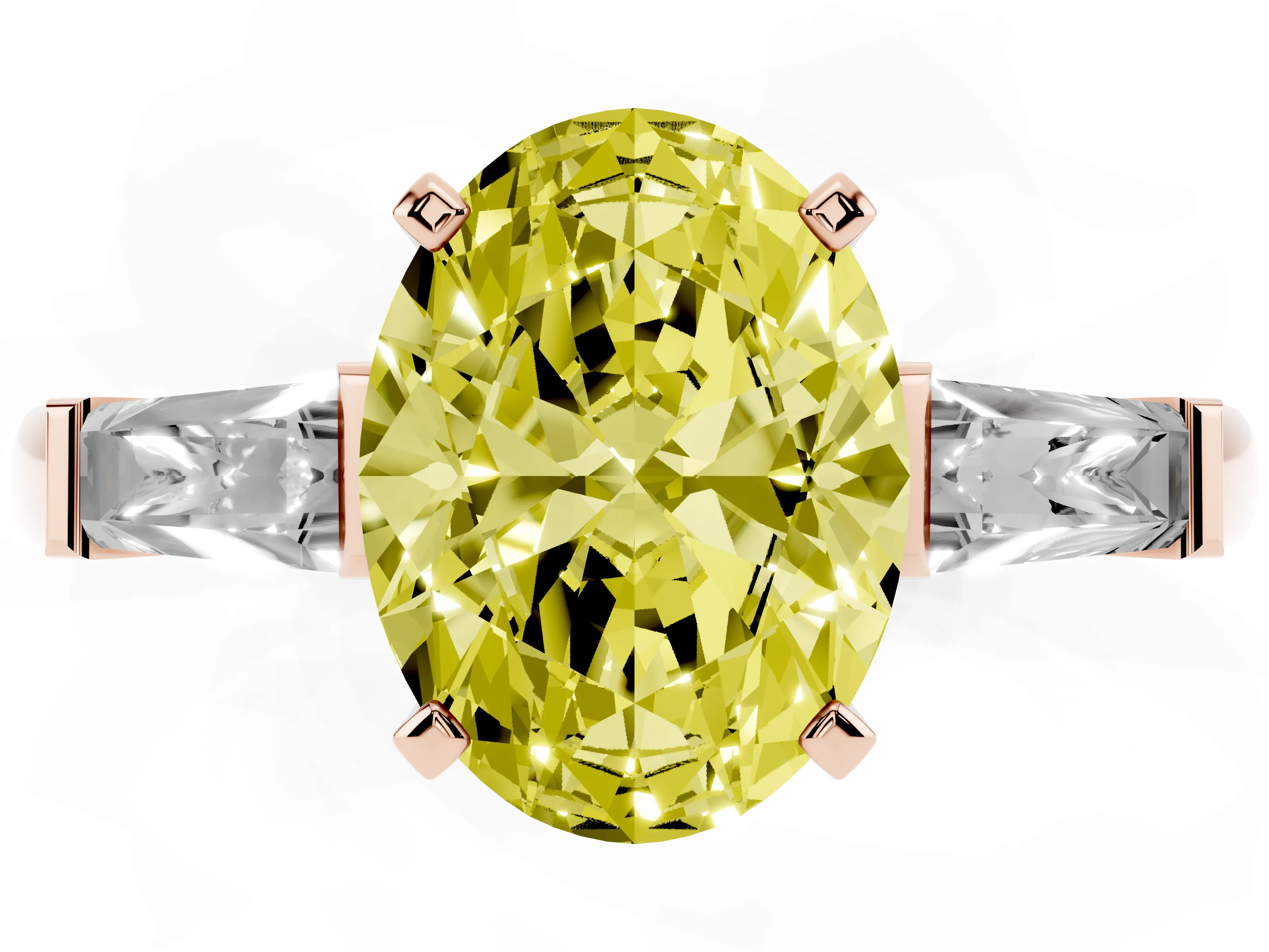 Fancy Yellow Oval Cut Diamond Solitaire Ring Set in Rose gold with Tapered Baguette Side Stones and Prong Setting