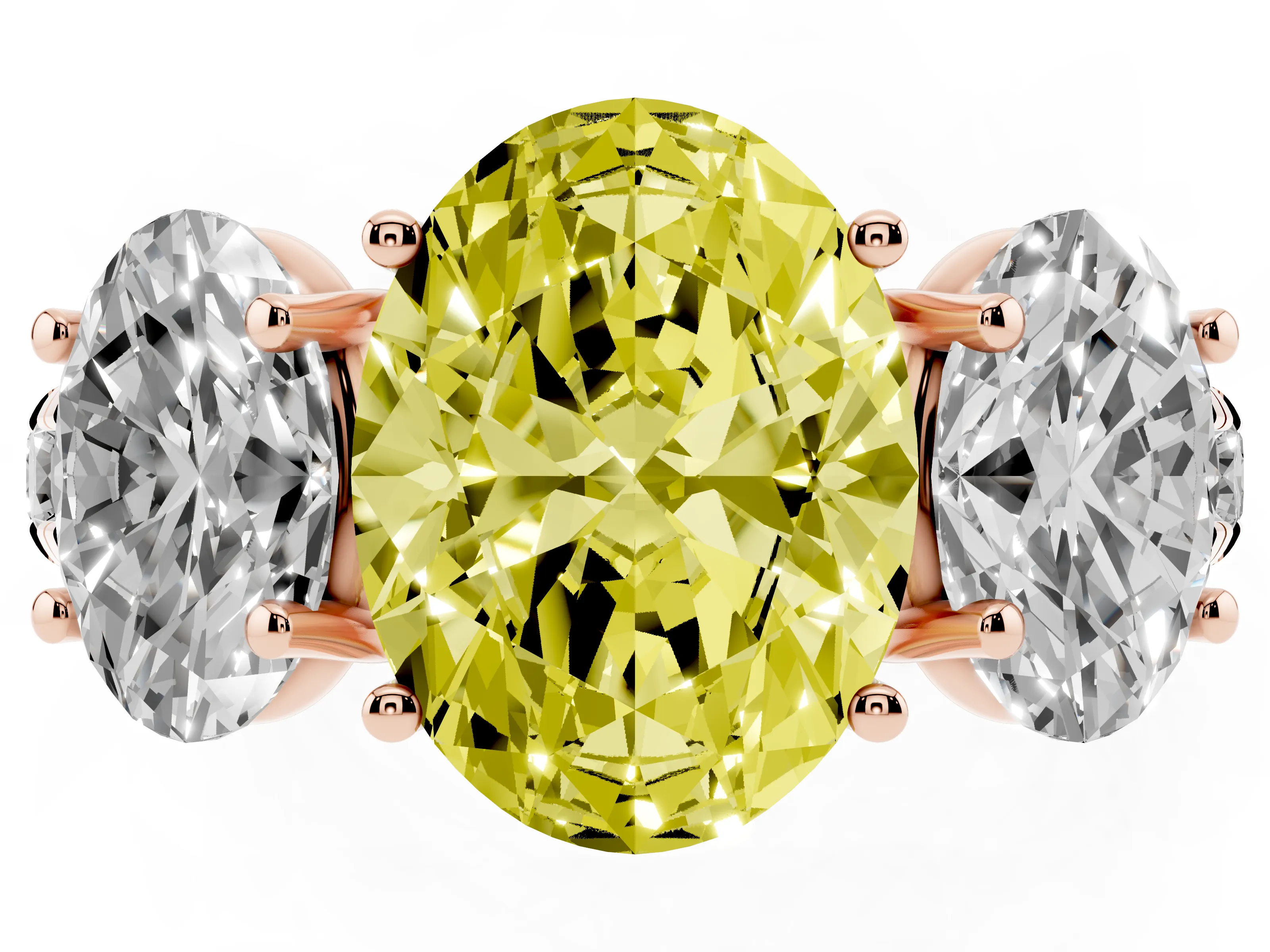 Fancy Yellow Oval Cut Diamond Three-Stone Ring Set in Rose gold with Pavé Band