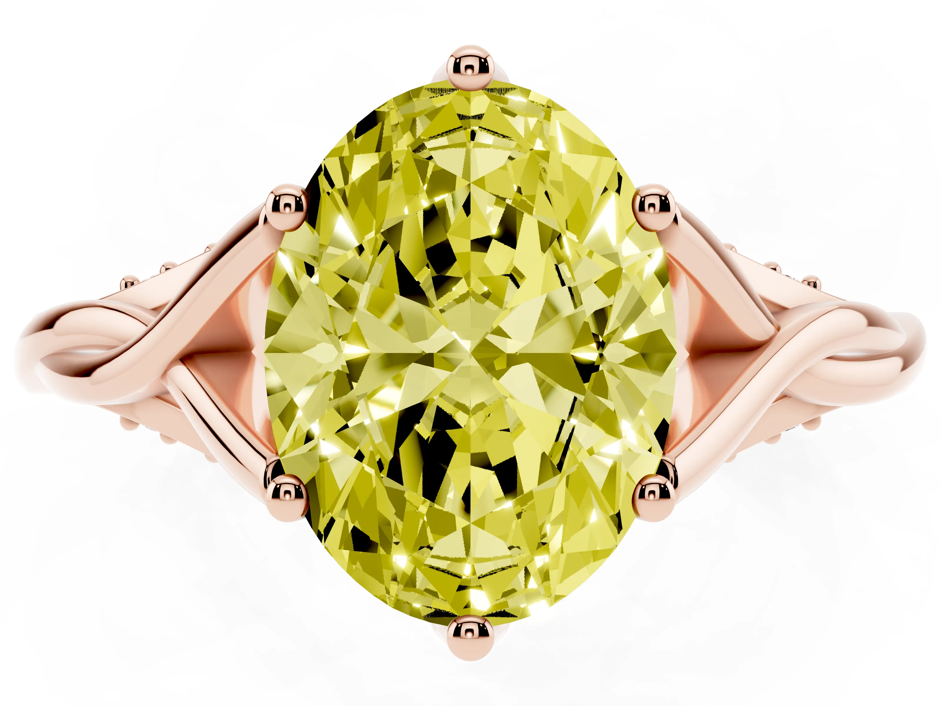 Fancy Yellow Oval Cut Diamond Intertwined Twist Band Solitaire Ring Set in Rose gold with Prong Setting