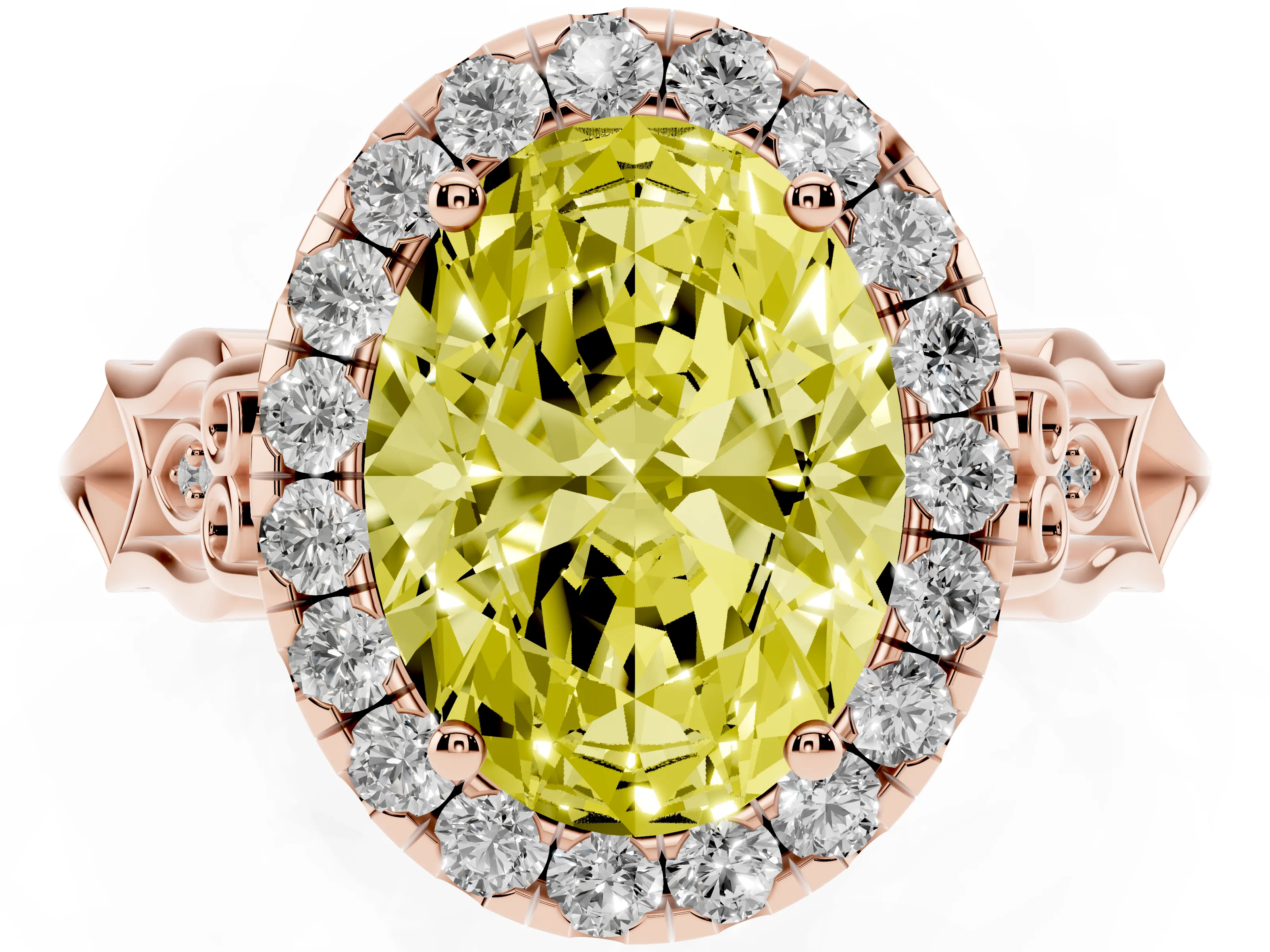 Fancy Yellow Oval Cut Diamond Halo Engagement Ring Set in Rose gold with Filigree Band and Prong-Set Center