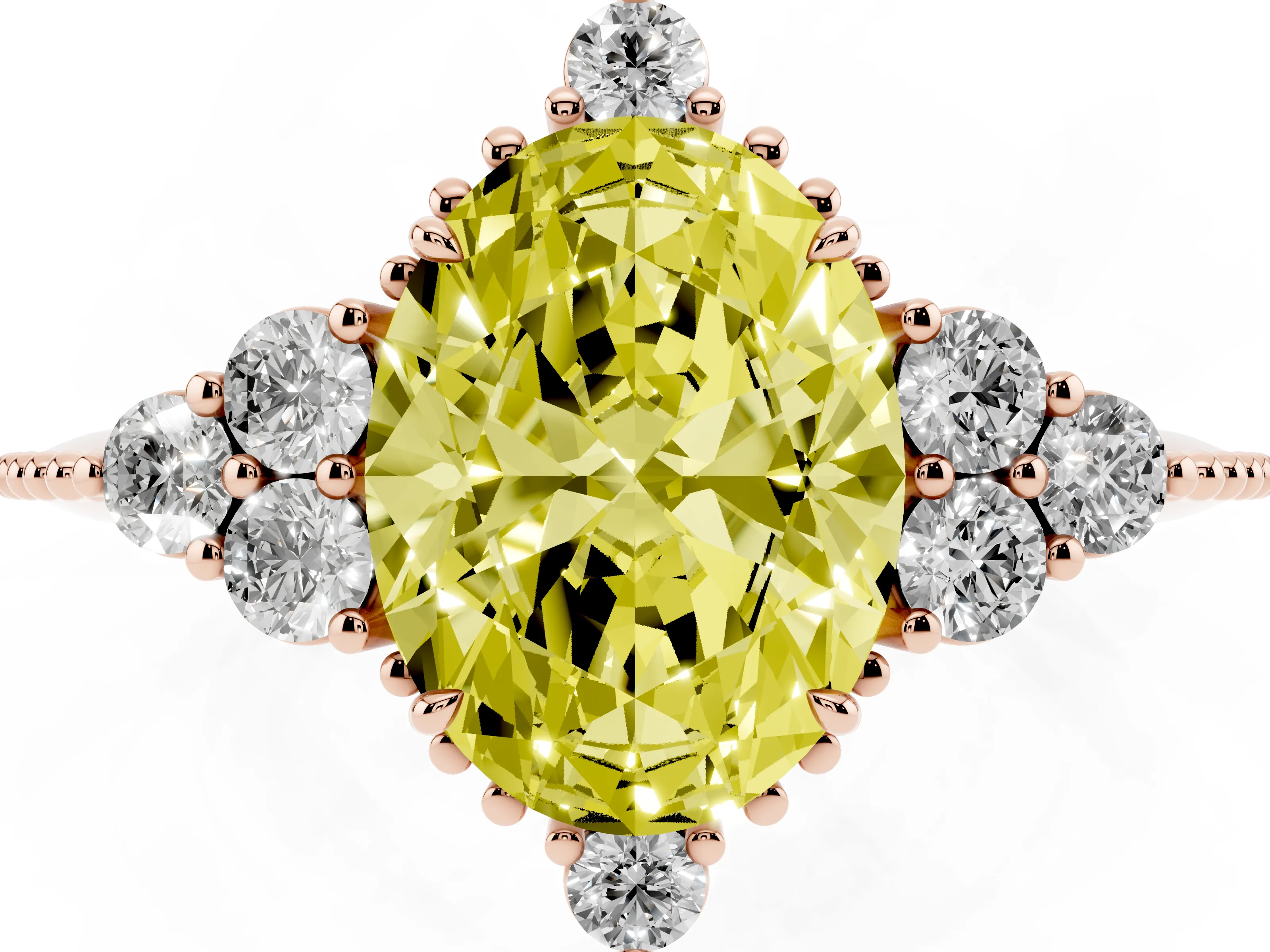 Fancy Yellow Oval Cut Diamond Cluster Ring Set in Rose gold with Beaded Band