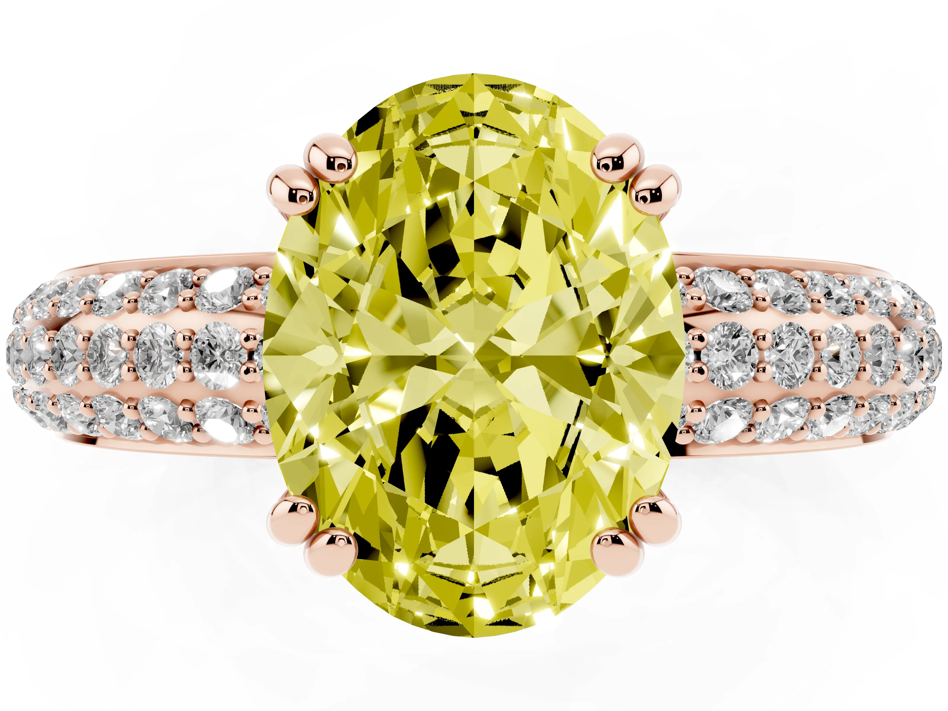 Fancy Yellow Oval Cut Diamond Solitaire Ring Set in Rose gold with Multi-Row Round Pavé Band and Prong Setting