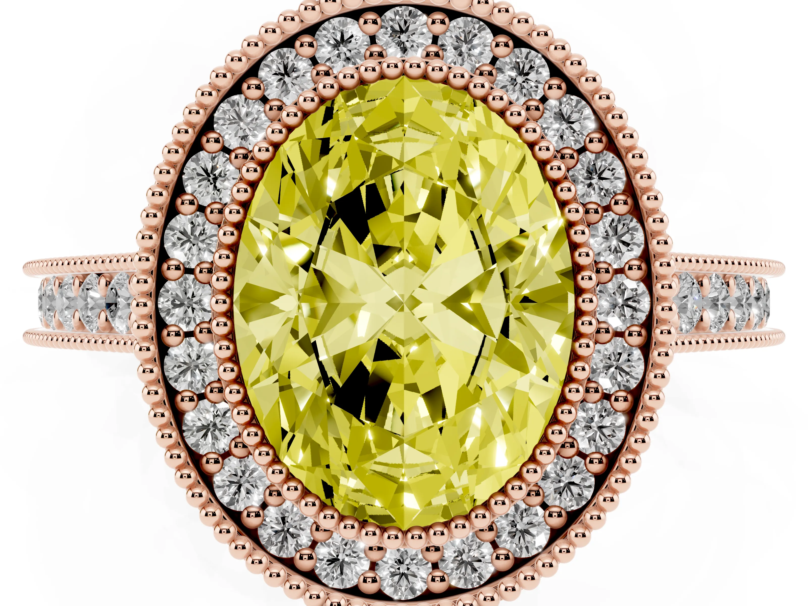 Fancy Yellow Oval Cut Diamond Halo Milgrain Pavé Band Ring Set in Rose gold with Prong Setting