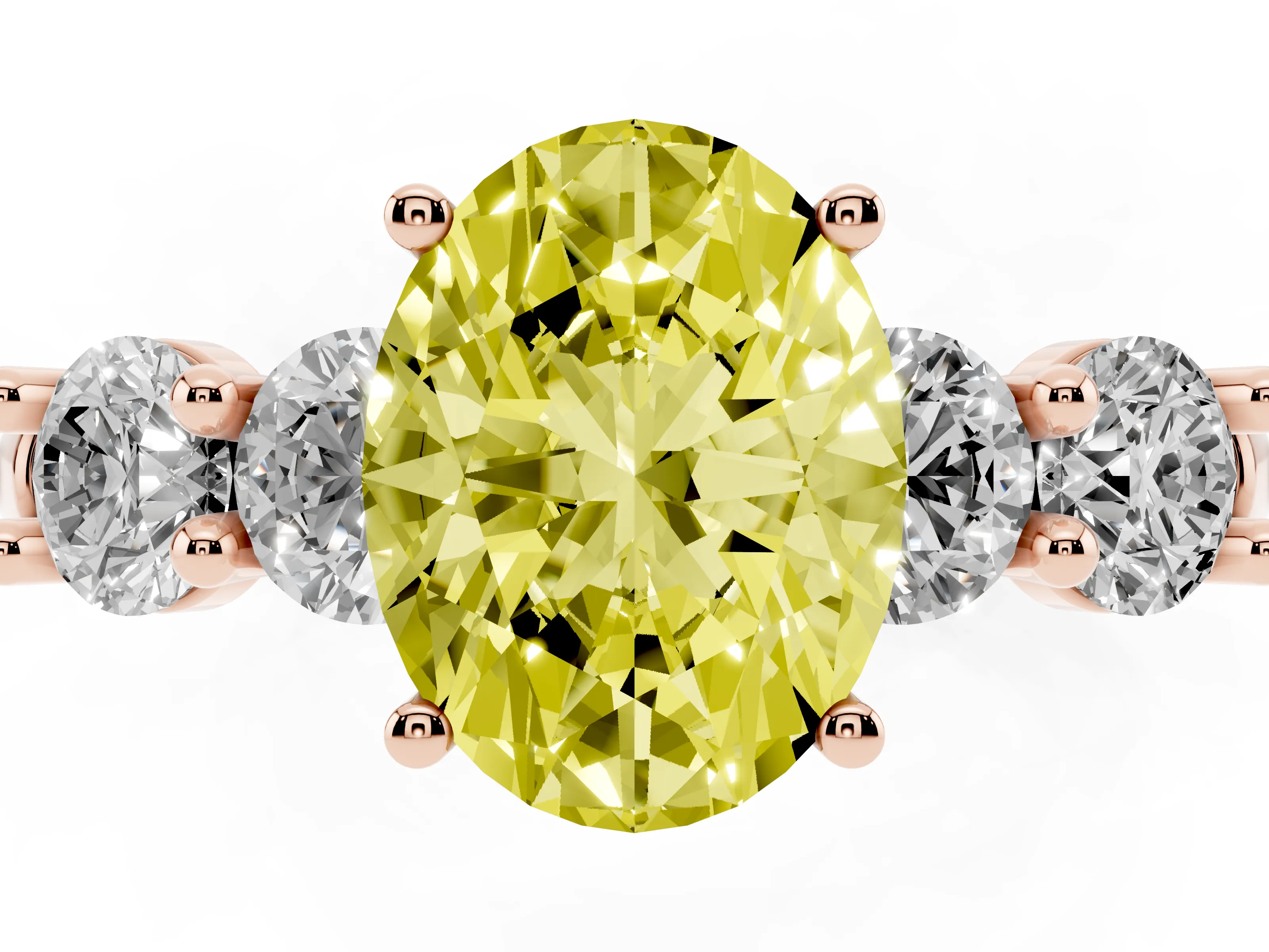 Fancy Yellow Oval Cut Diamond Five-Stone Prong Set Ring Set in Rose gold with Classic Band