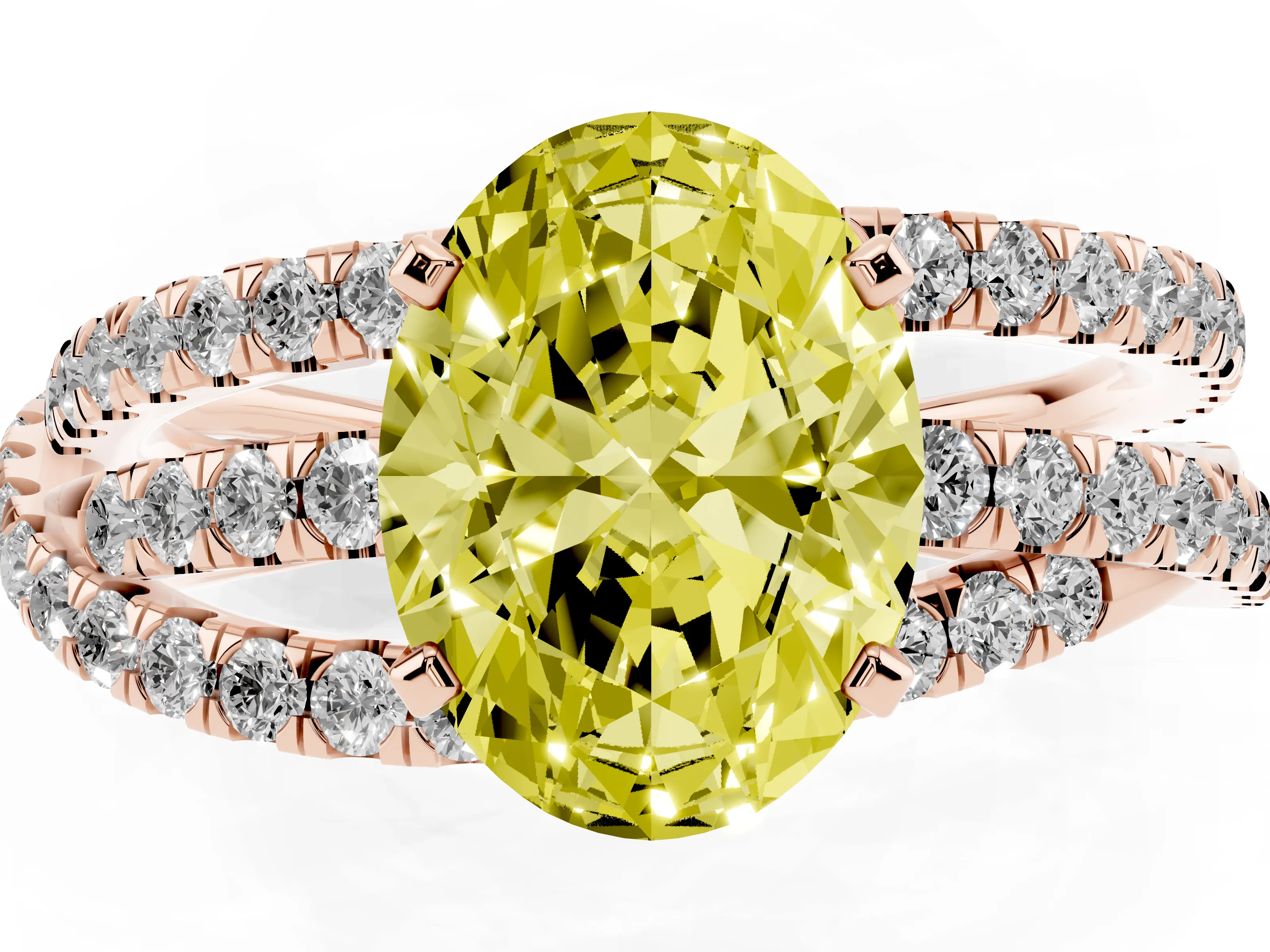 Fancy Yellow Oval Cut Diamond Solitaire Twist Band Ring Set in Rose gold with Pavé Setting and Prong Head