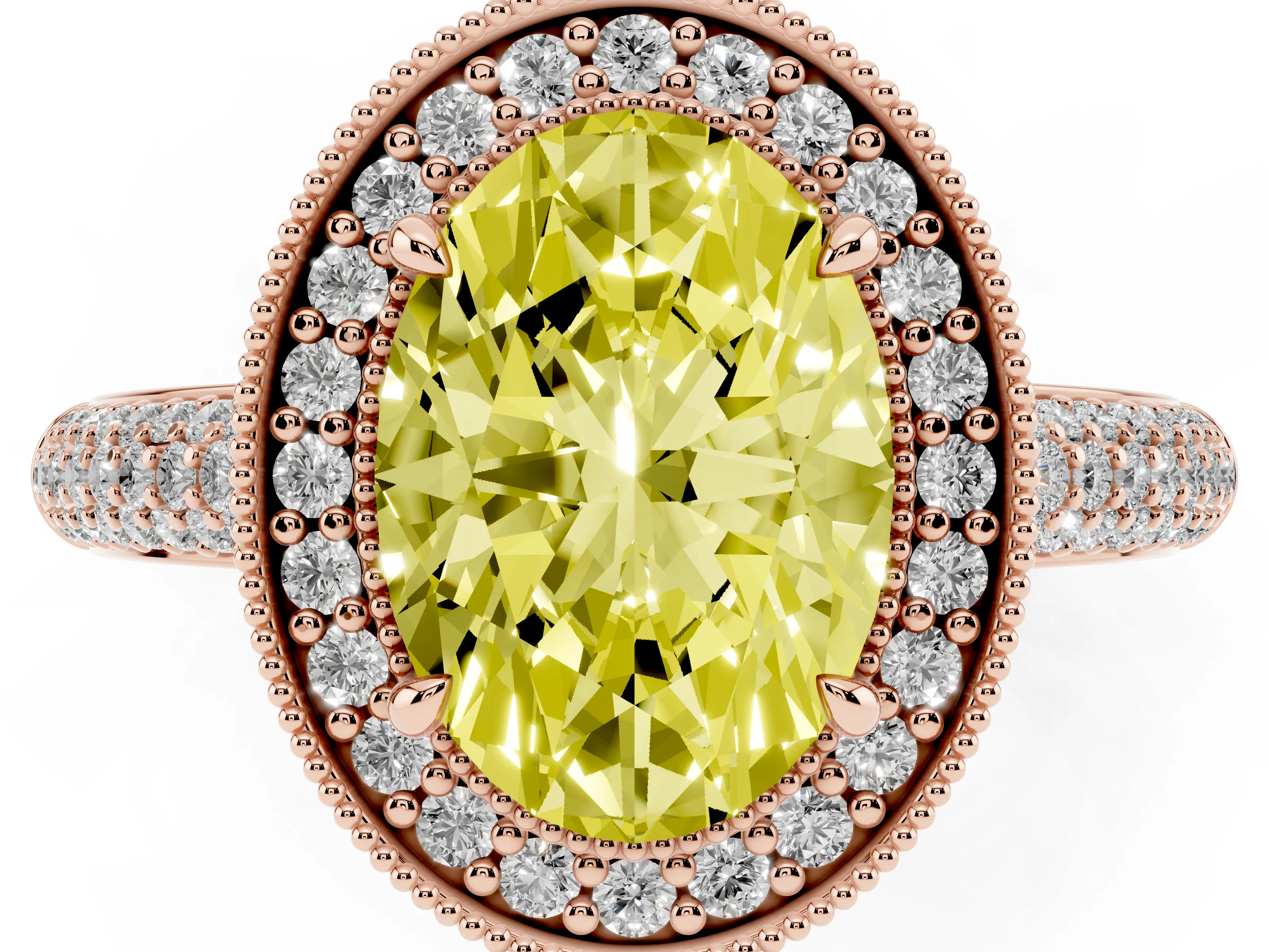Fancy Yellow Oval Cut Diamond Halo Pavé Band Set in Rose gold with Prong Setting