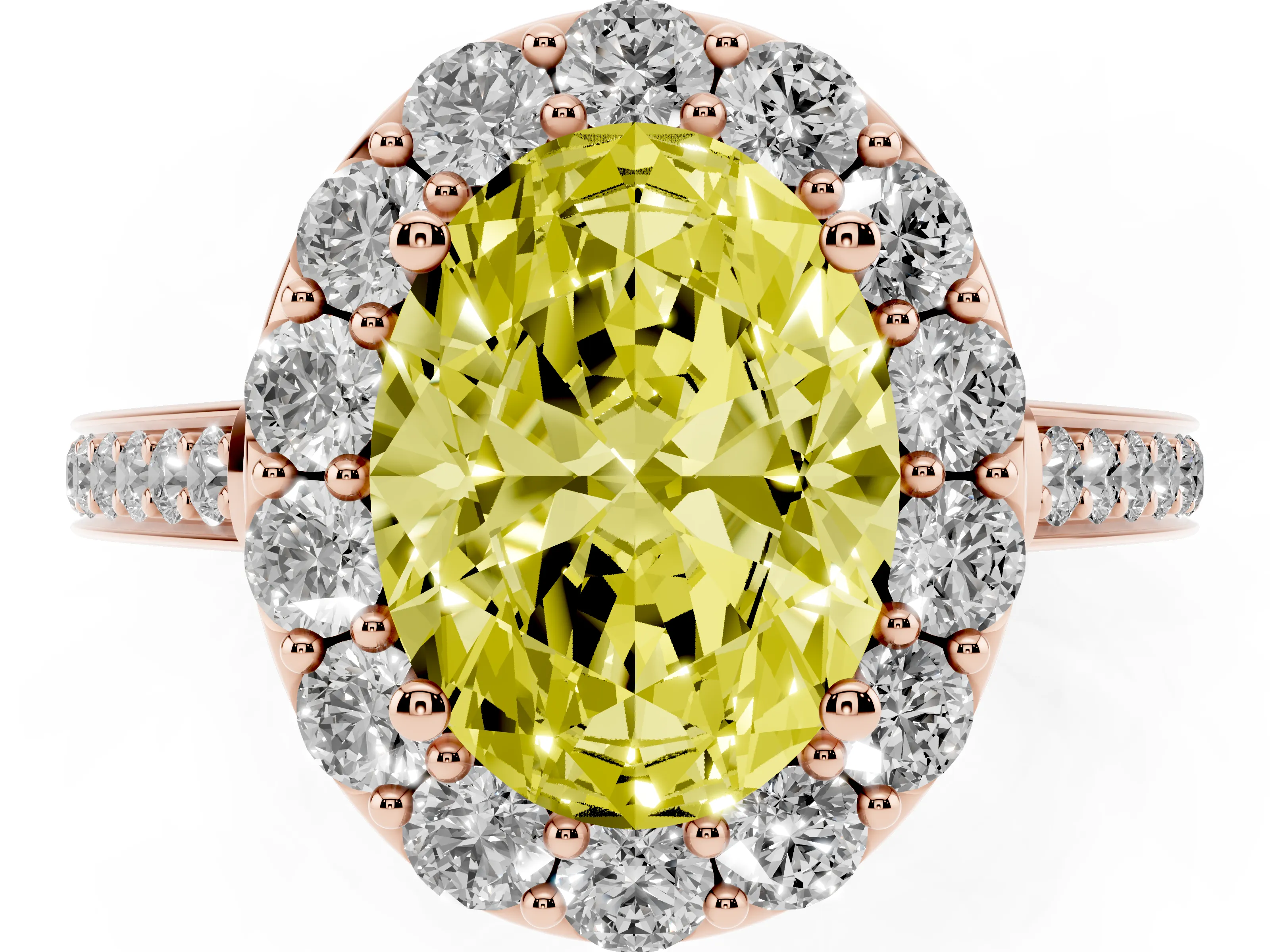Fancy Yellow Oval Cut Diamond Floral Halo Ring Set in Rose gold with Pavé Band and Prong Setting