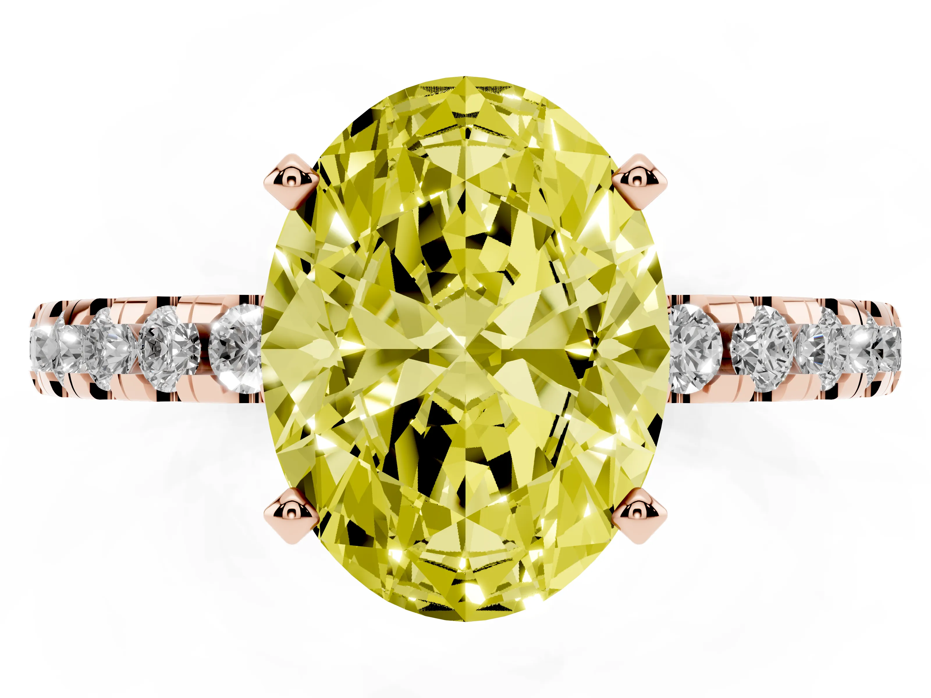 Fancy Yellow Oval Cut Diamond Pavé Solitaire Ring Set in Rose gold with Round Band Accents and Prong Setting