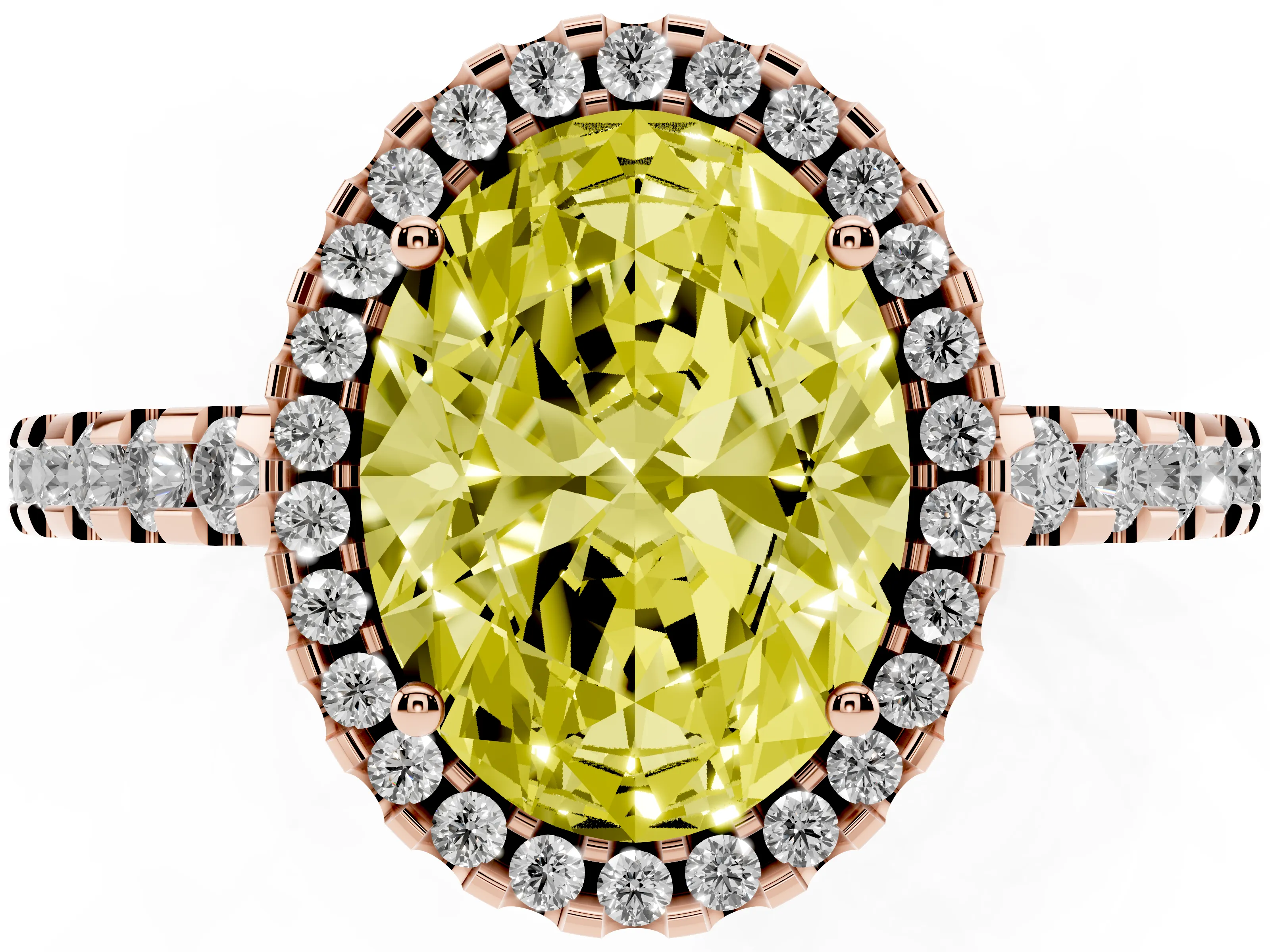 Fancy Yellow Oval Cut Diamond Halo Ring Set in Rose gold with Pavé Shoulders and Halo-Framed Center