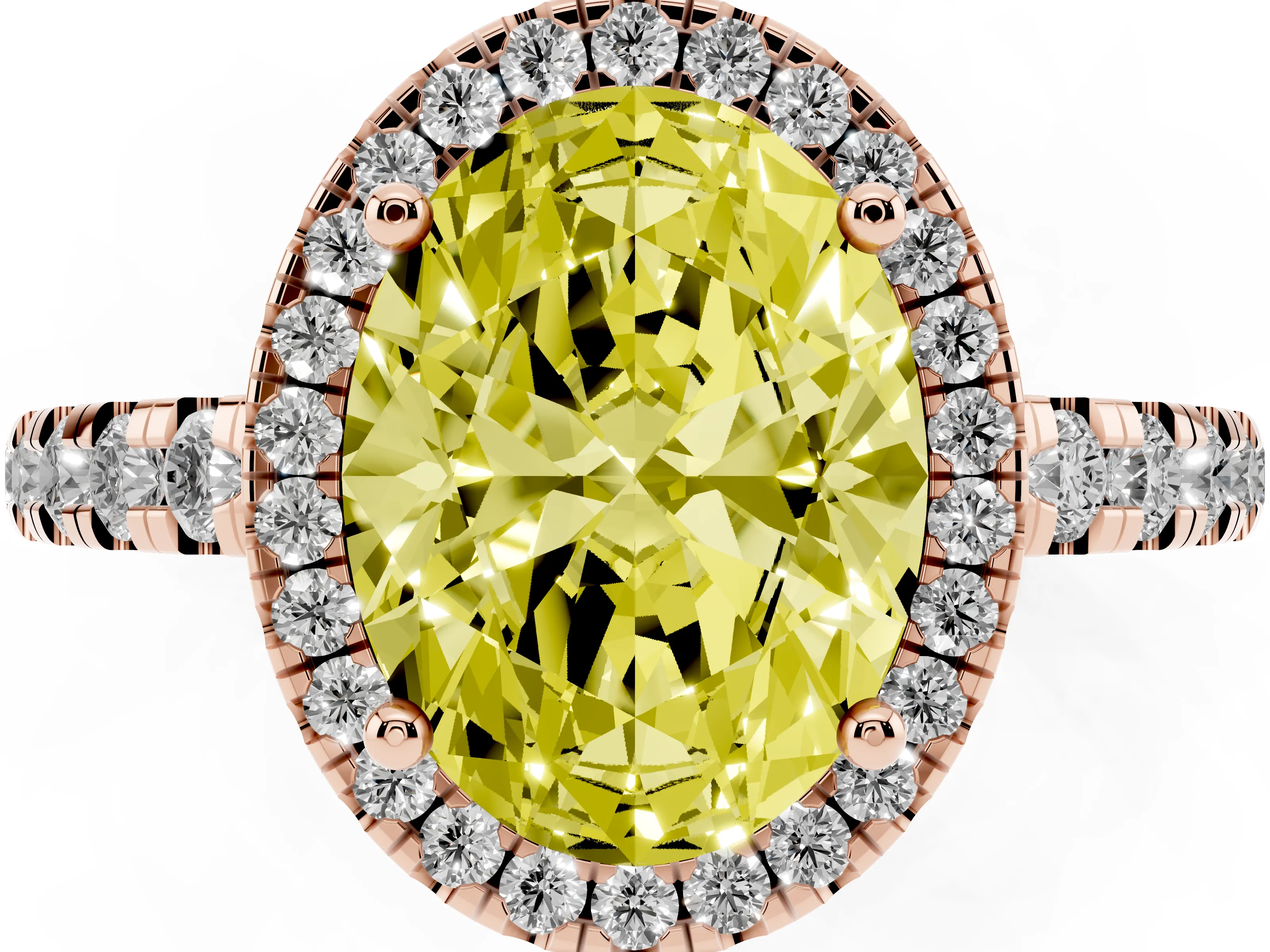Fancy Yellow Oval Cut Diamond Halo Ring Set in Rose gold with Delicate Pavé Band and Prong Setting