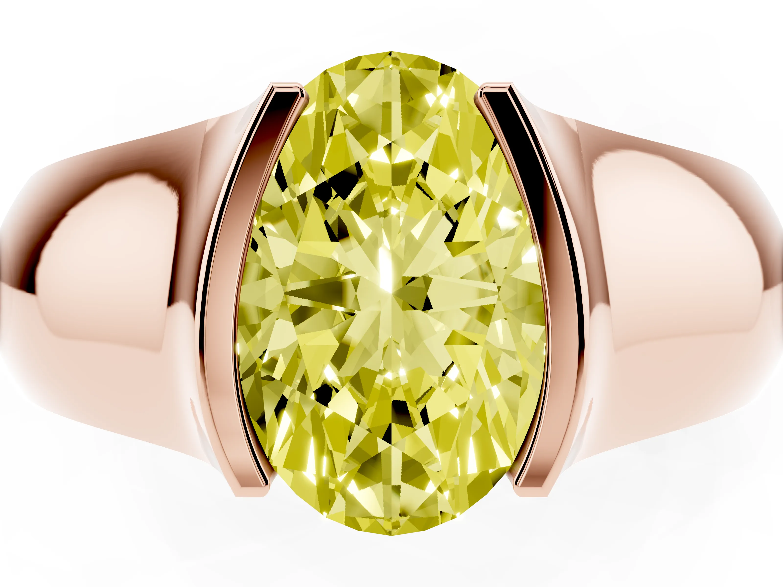 Fancy Yellow Oval Cut Diamond Bezel Solitaire Ring Set in Rose gold with Wide Band