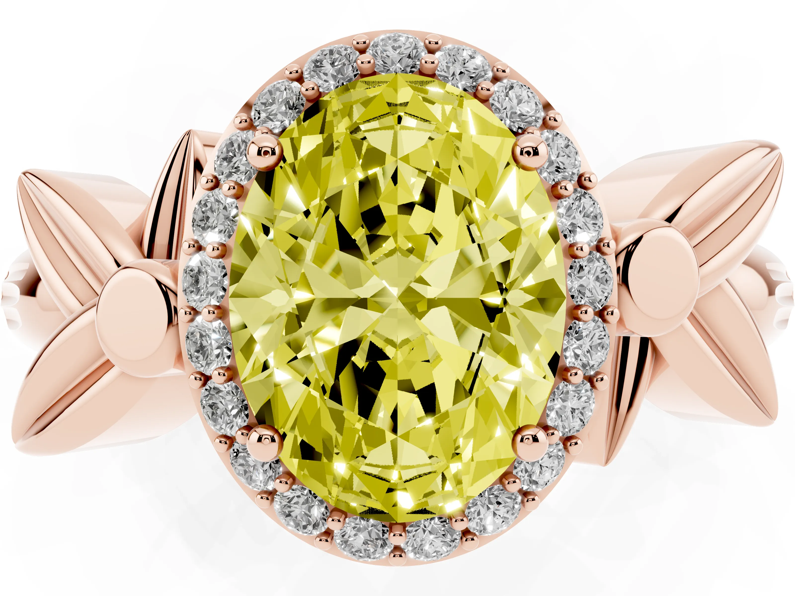 Fancy Yellow Oval Cut Diamond Halo Floral Band Ring Set in Rose gold with Prong Setting