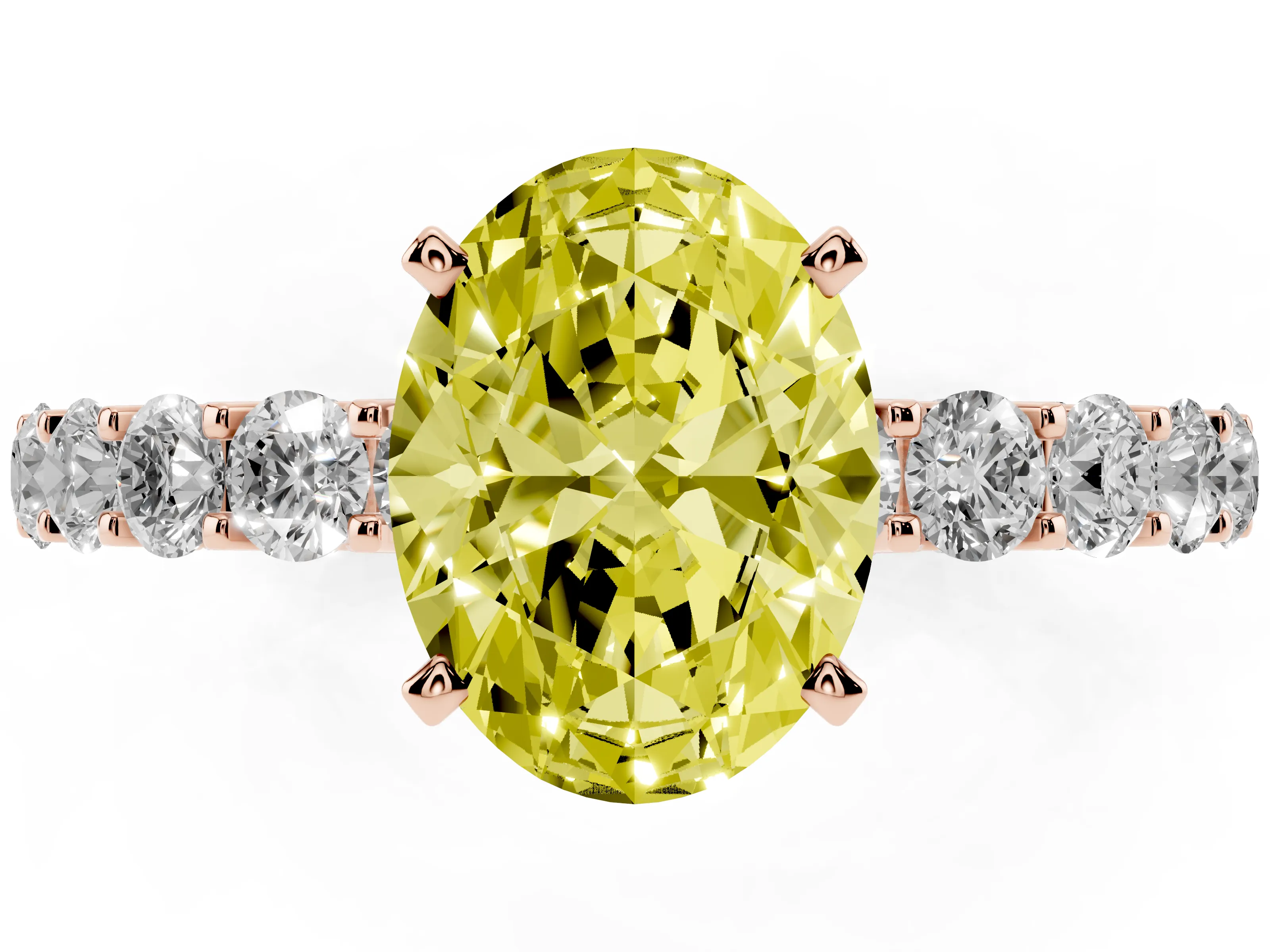 Fancy Yellow Oval Cut Diamond Solitaire Ring Set in Rose gold with Shared Prong Pavé Band