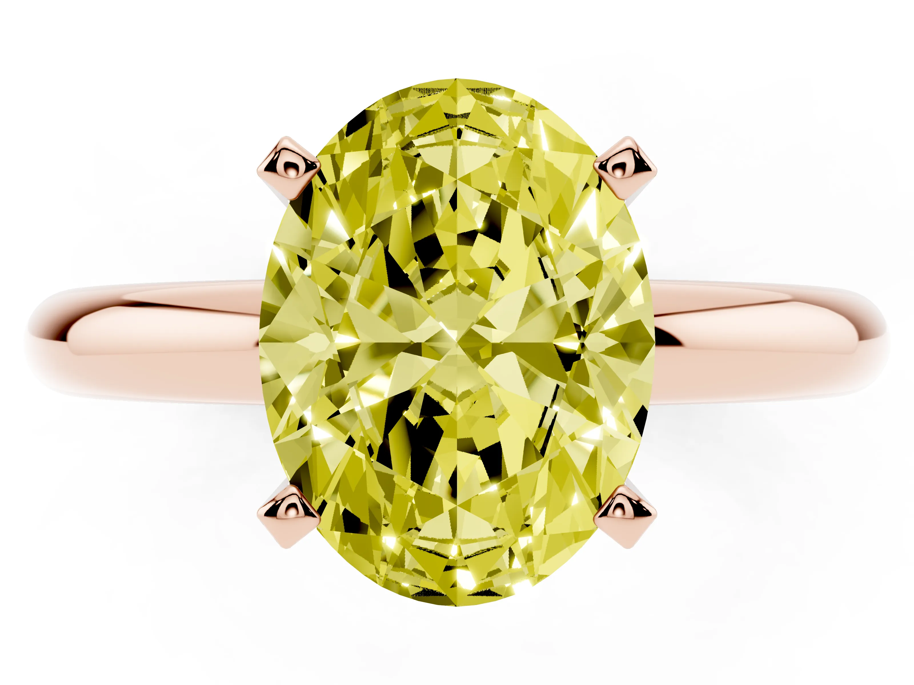 Fancy Yellow Oval Cut Diamond Solitaire Engagement Ring Set in Rose gold with Round Band and Prong Setting