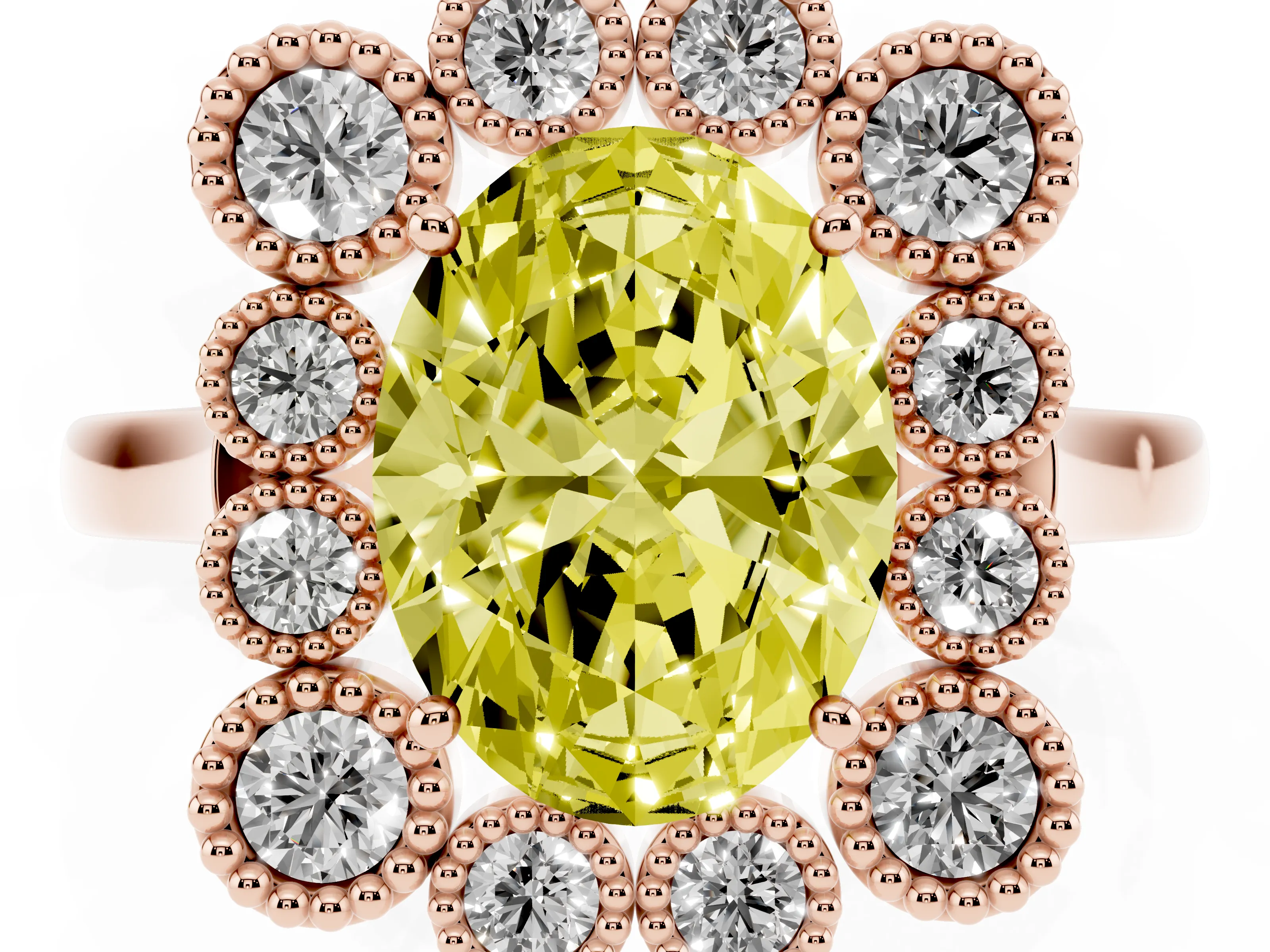 Fancy Yellow Oval Cut Diamond Cluster Halo Ring Set in Rose gold with Milgrain Bezel Accents and Plain Band