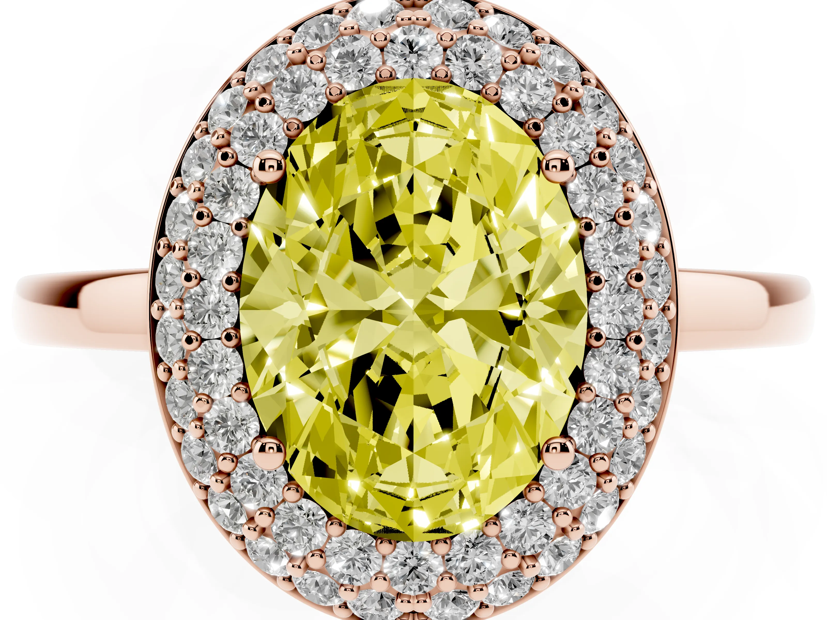 Fancy Yellow Oval Cut Diamond Halo Engagement Ring Set in Rose gold with Solitaire Band and Prong Setting
