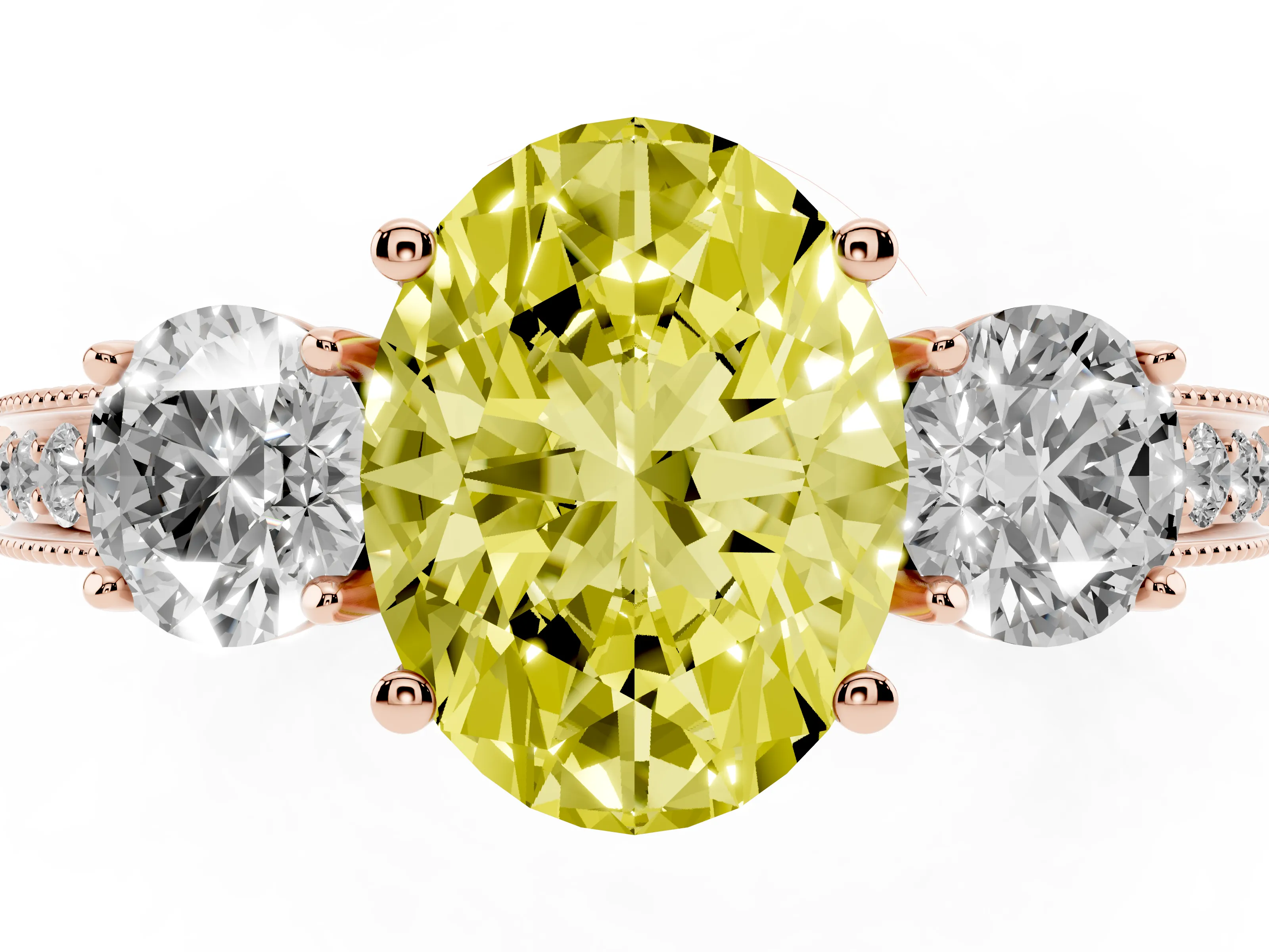 Fancy Yellow Oval Cut Diamond Three-Stone Ring Set in Rose gold with Round Side Stones and Pavé Band