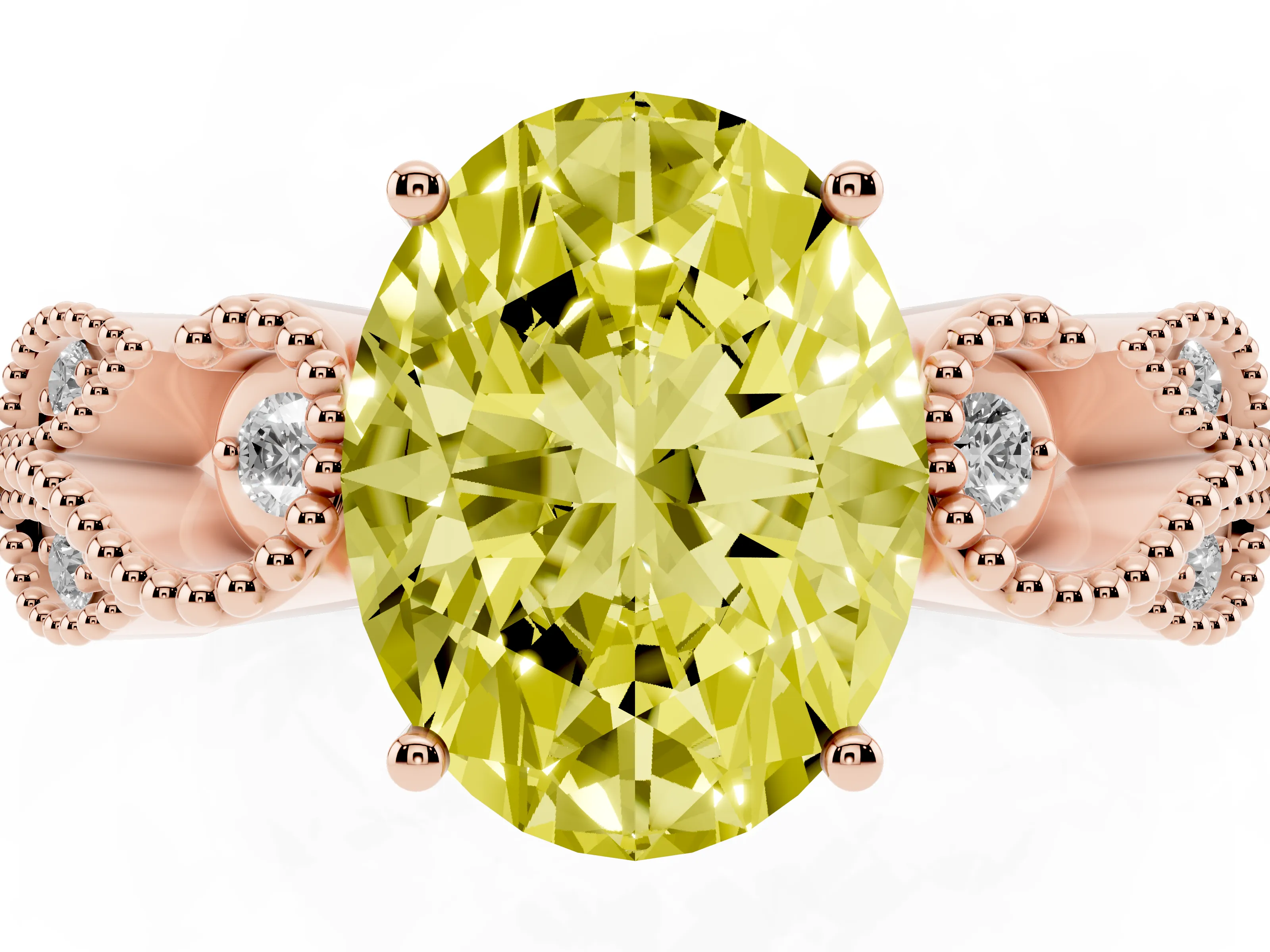Fancy Yellow Oval Cut Diamond Milgrain Leaf Band Solitaire Ring Set in Rose gold with Accent Stones and Prong Setting