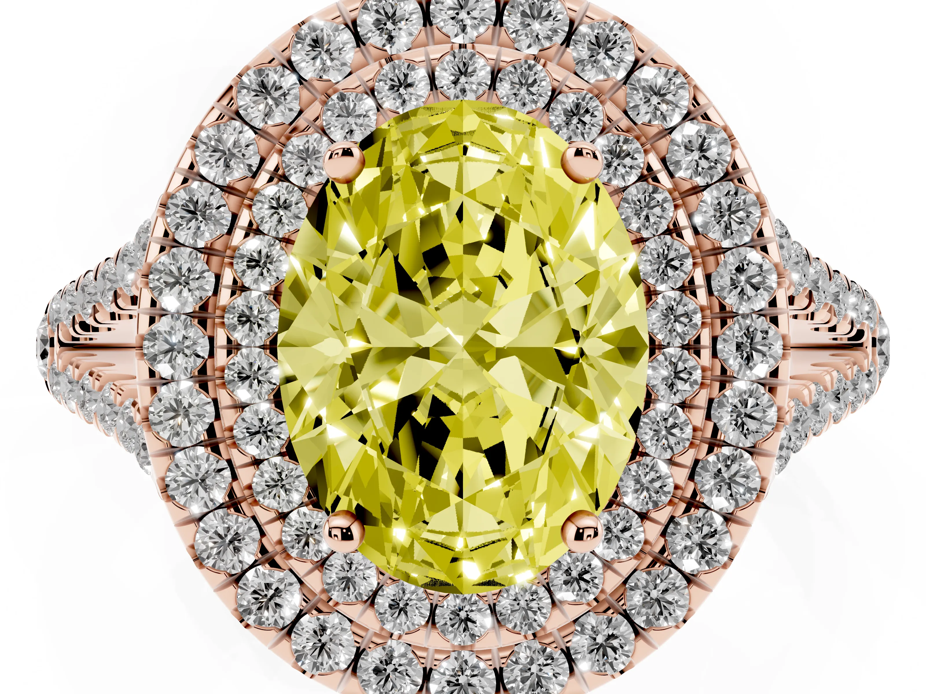 Fancy Yellow Oval Cut Diamond Double Halo Ring Set in Rose gold with Pavé Band