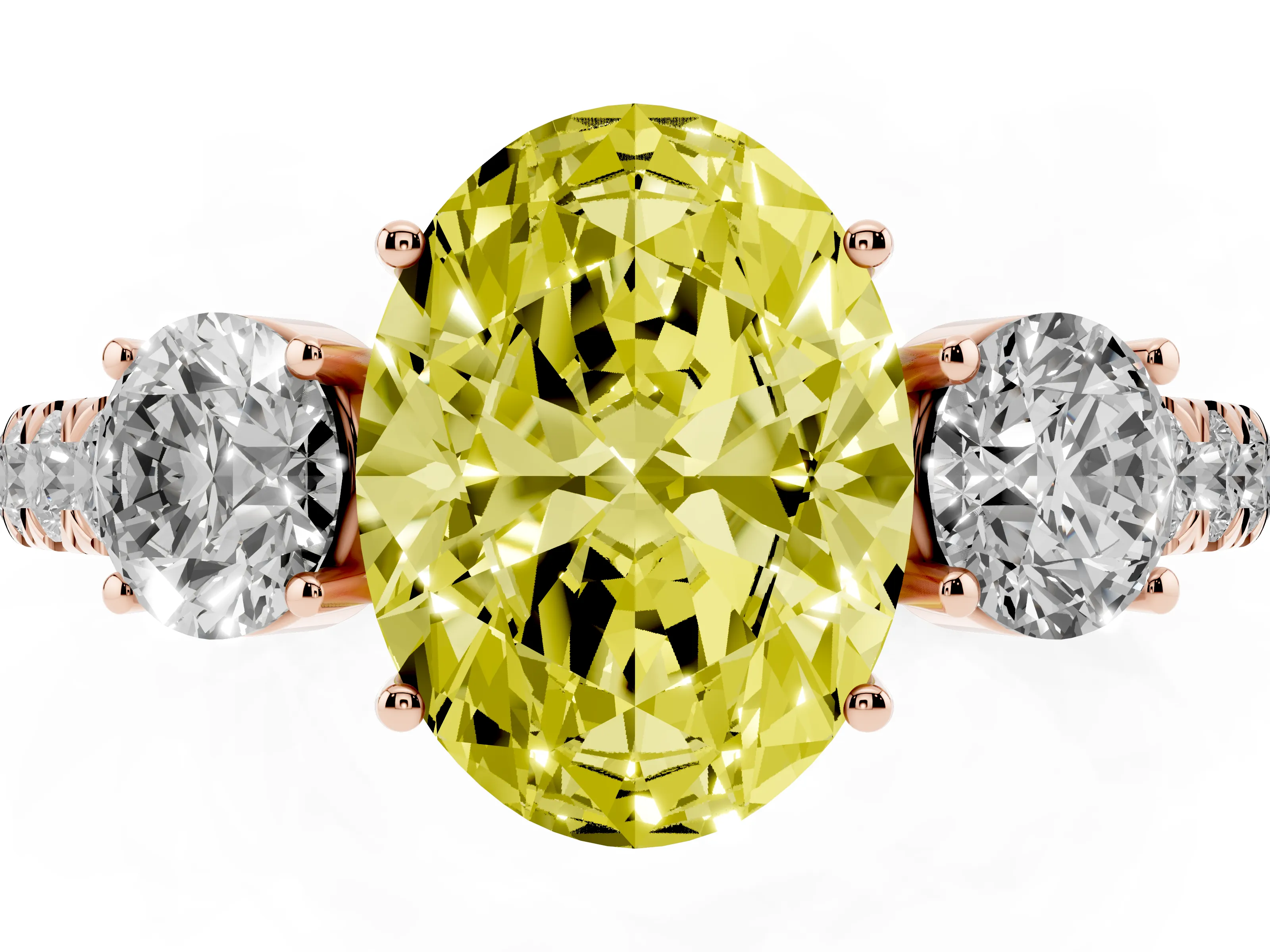 Fancy Yellow Oval Cut Diamond Three-Stone Ring Set in Rose gold with Round Side Stones and Delicate Pavé Band