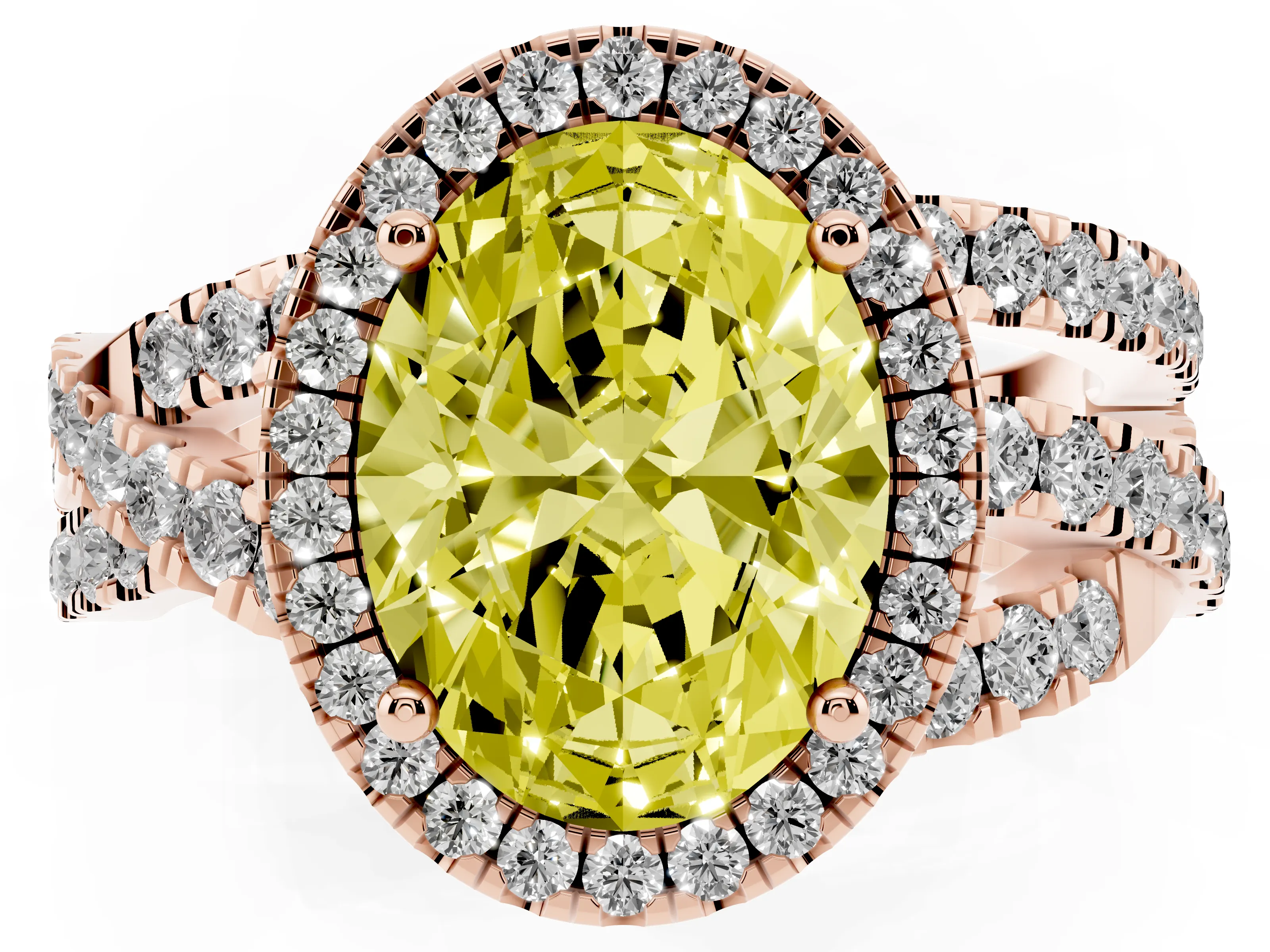 Fancy Yellow Oval Cut Diamond Halo Ring Set in Rose gold with Round Crossover Split Shank and Prong Setting