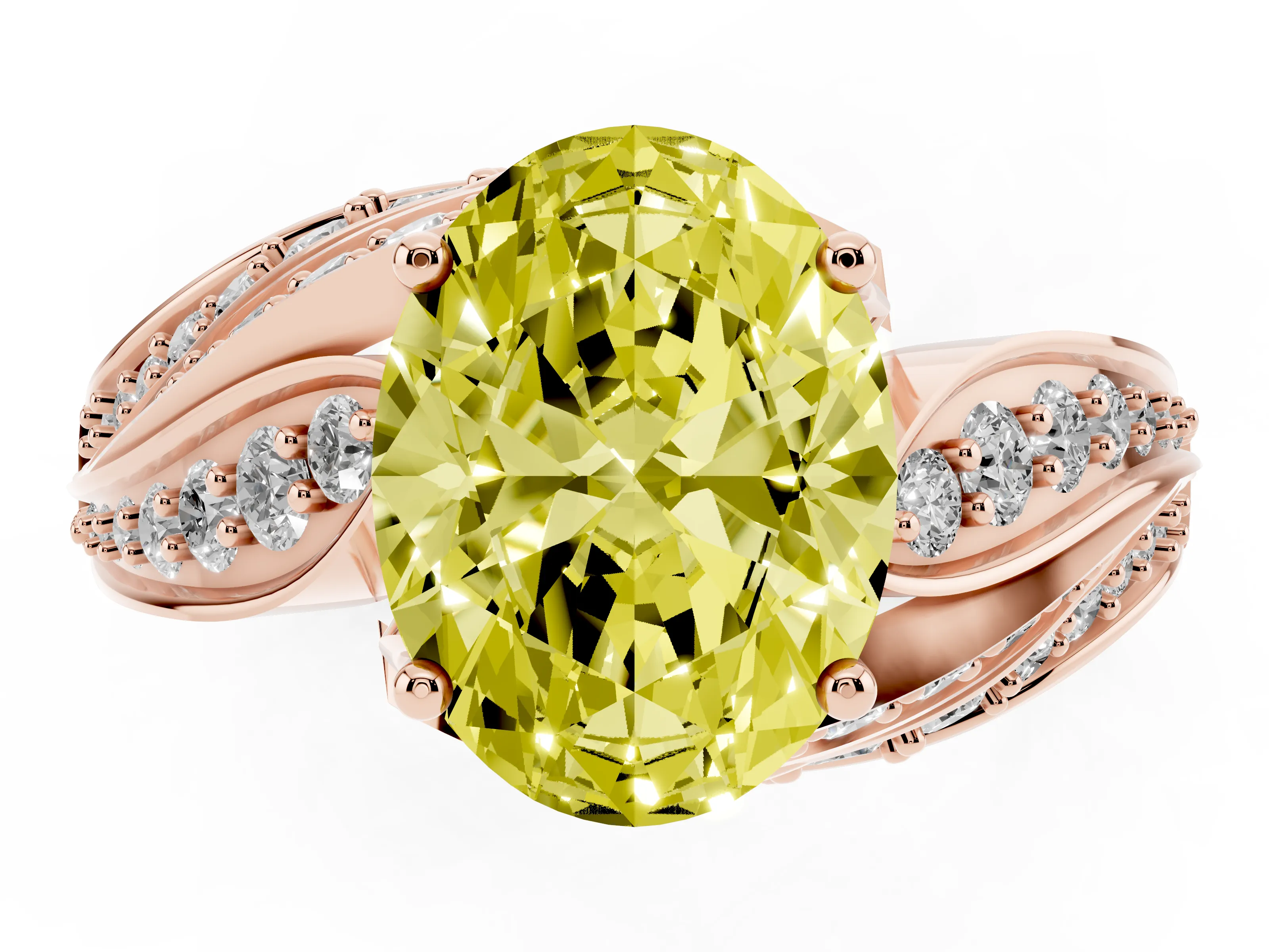 Fancy Yellow Oval Cut Diamond Solitaire Ring Set in Rose gold with Layered Twist Pavé Band