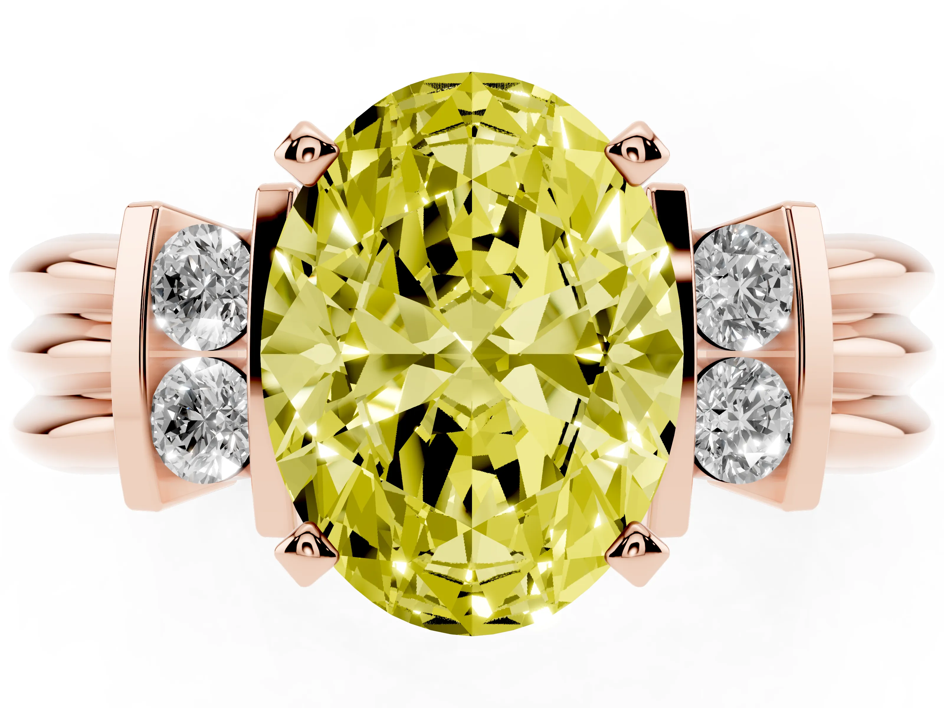 Fancy Yellow Three-Stone Oval Cut Diamond Channel Set Ring Set in Rose gold with Bar Prongs