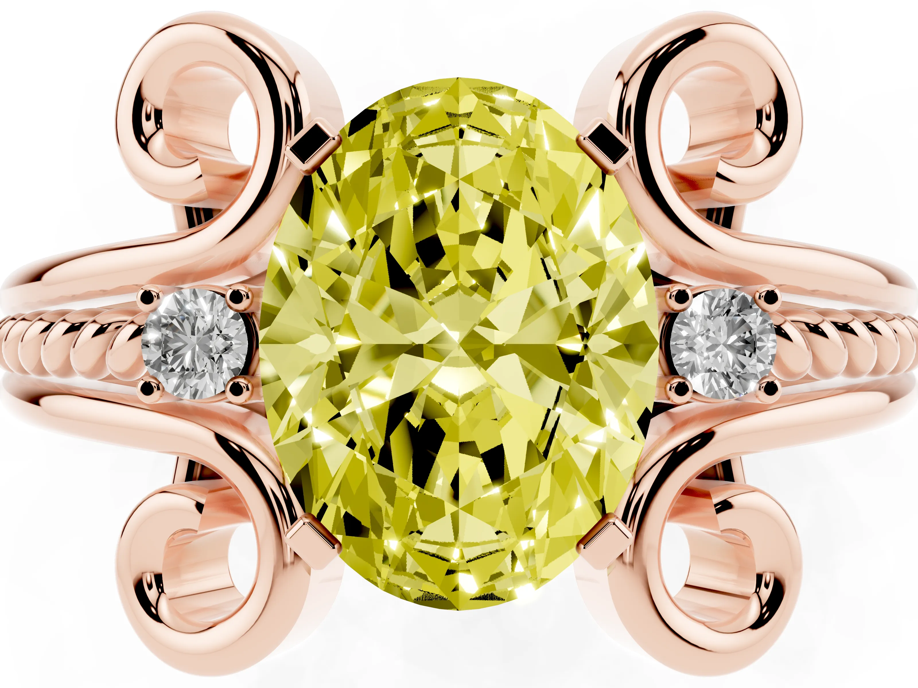 Fancy Yellow Oval Cut Diamond Twisted Band Solitaire Ring Set in Rose gold with Scroll Prongs